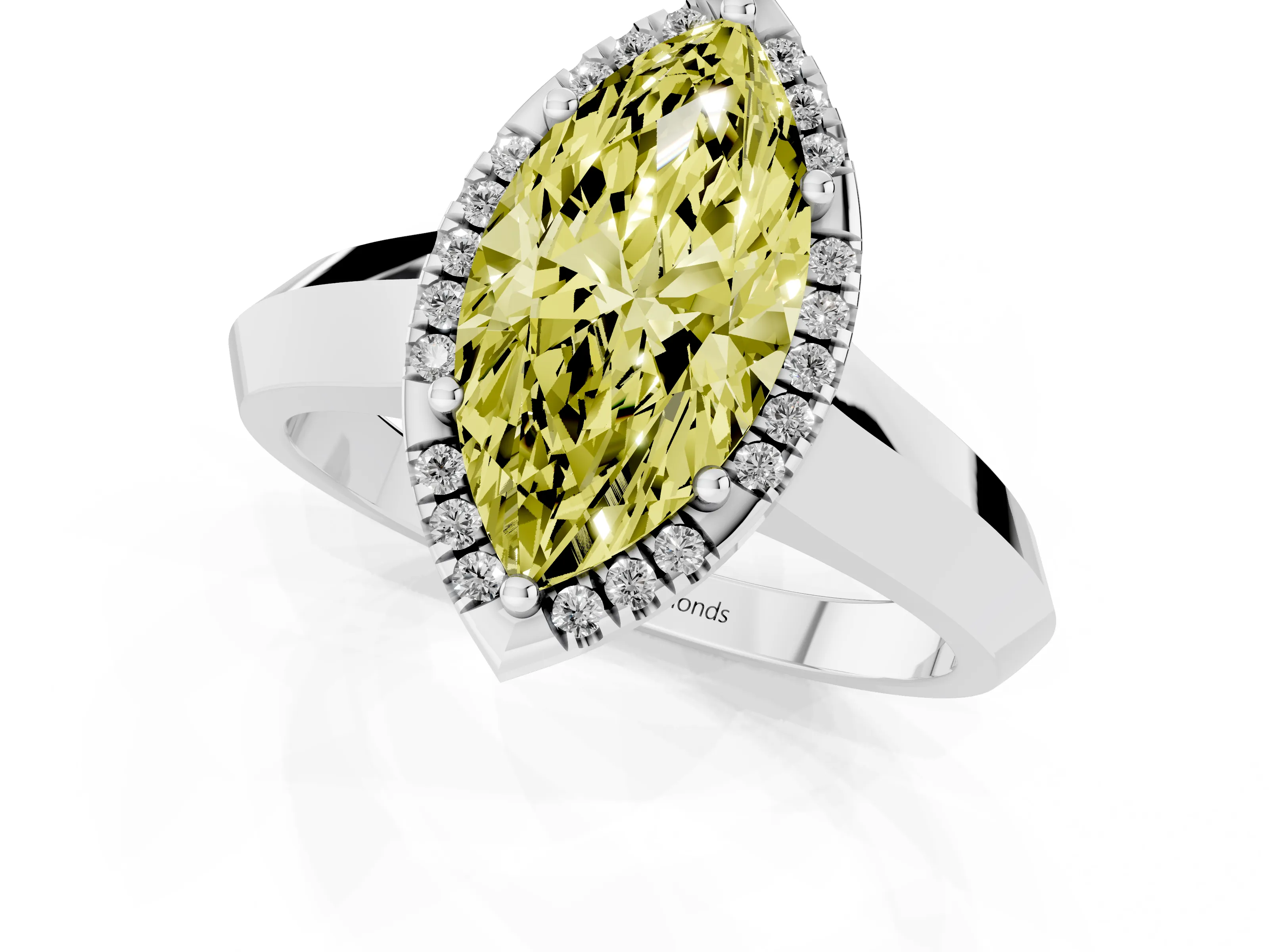 Fancy Yellow Marquise Cut Diamond Halo Ring Set in Platinum with Cathedral Band and Prong Setting