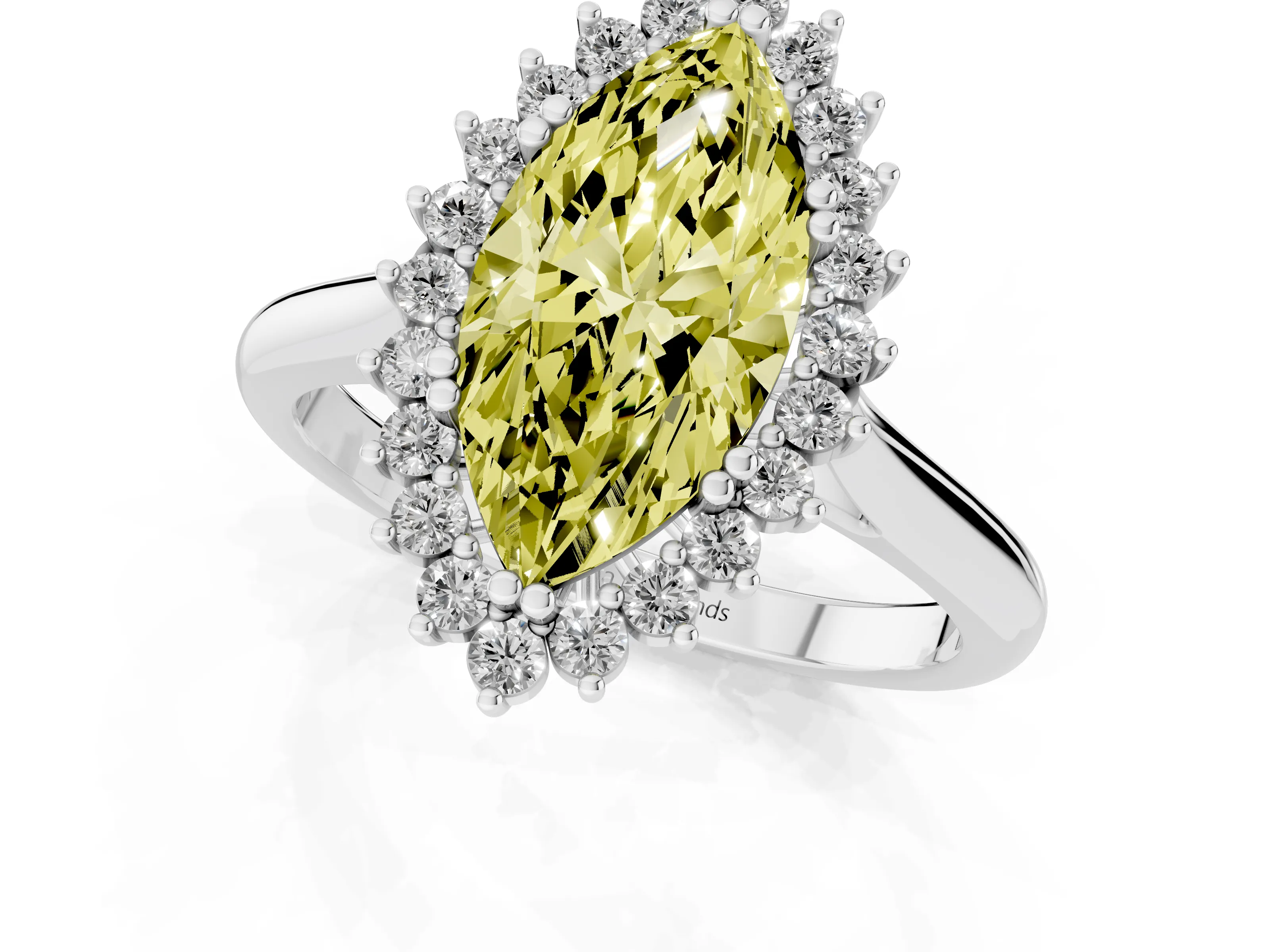 Fancy Yellow Marquise Cut Diamond Halo Ring Set in Platinum with Plain Solitaire Band and Prong Setting