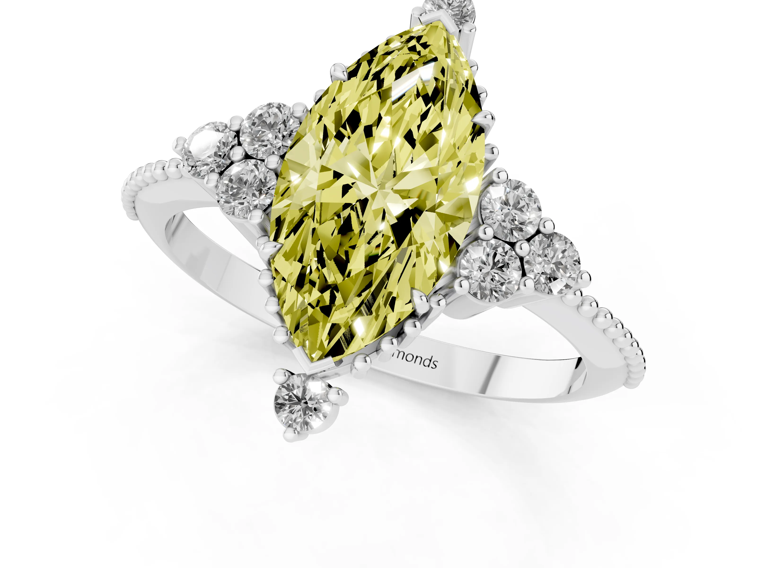 Fancy Yellow Marquise Cut Diamond Cluster Ring Set in White gold with Beaded Band