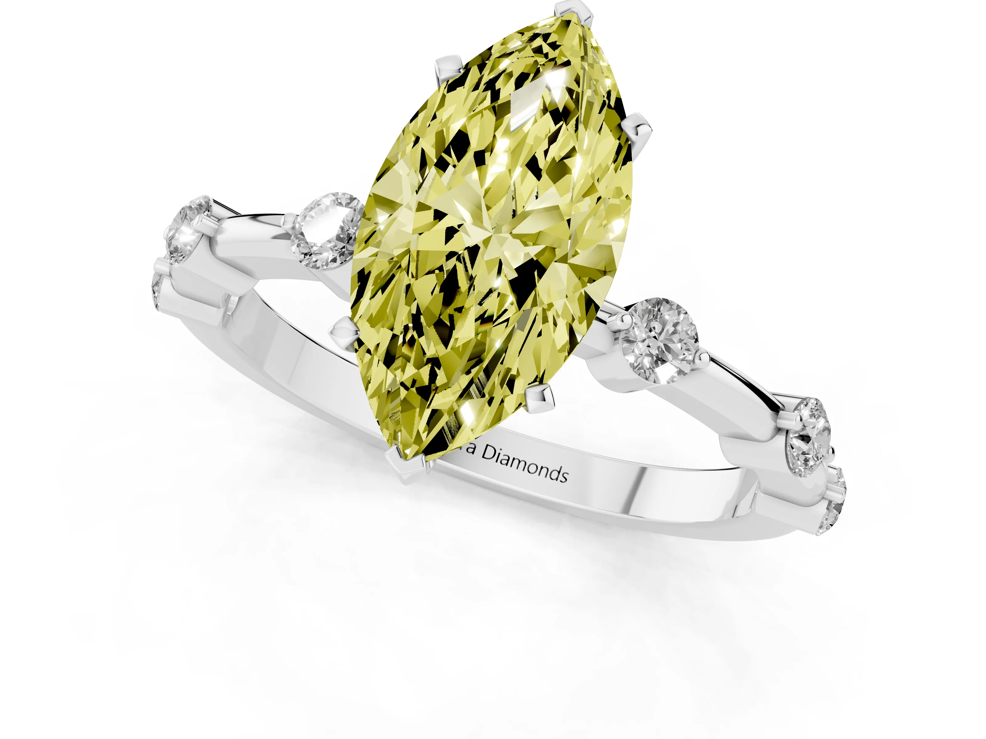 Fancy Yellow Marquise Cut Diamond Solitaire Ring Set in White gold with Bezel Set Side Stones and Prong Setting