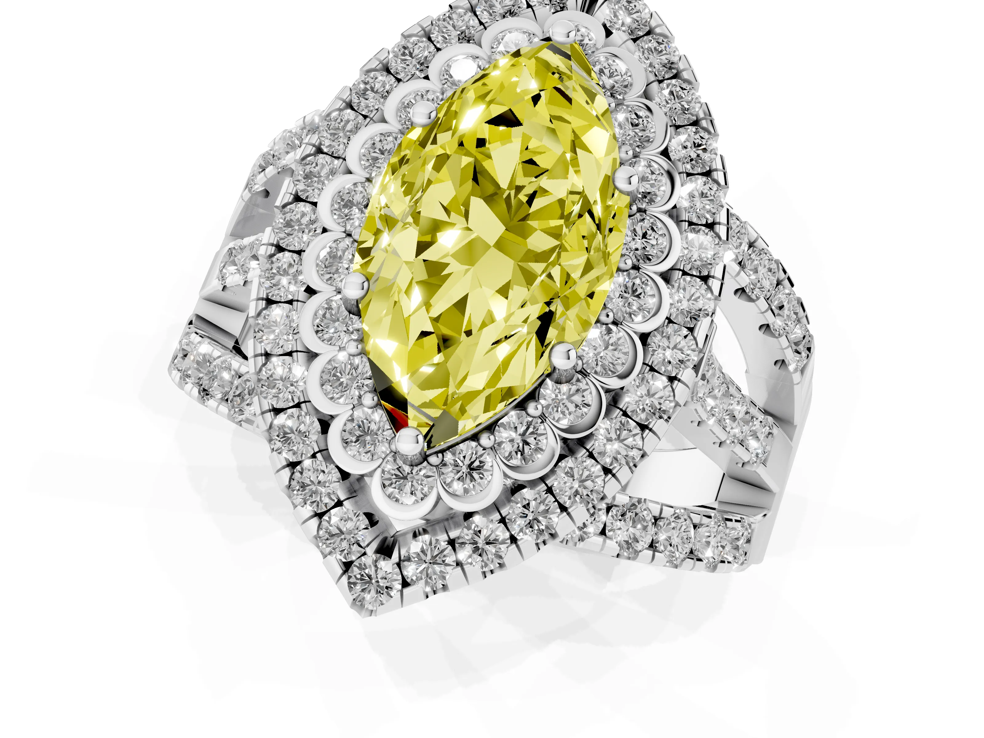Fancy Yellow Marquise Cut Diamond Double Halo Ring Set in White gold with Round Pavé Split Shank