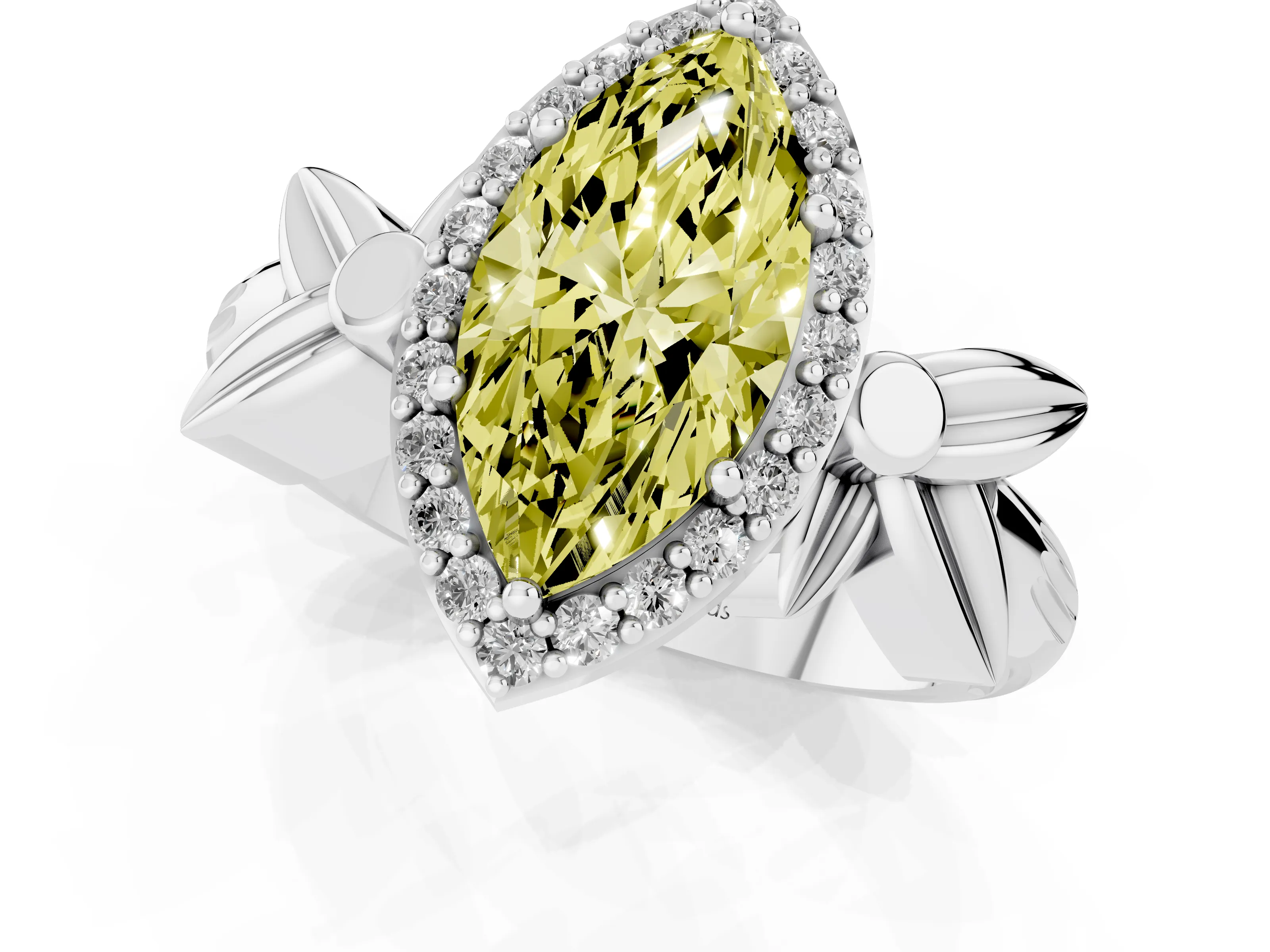 Fancy Yellow Marquise Cut Diamond Halo Floral Band Ring Set in White gold with Prong Setting