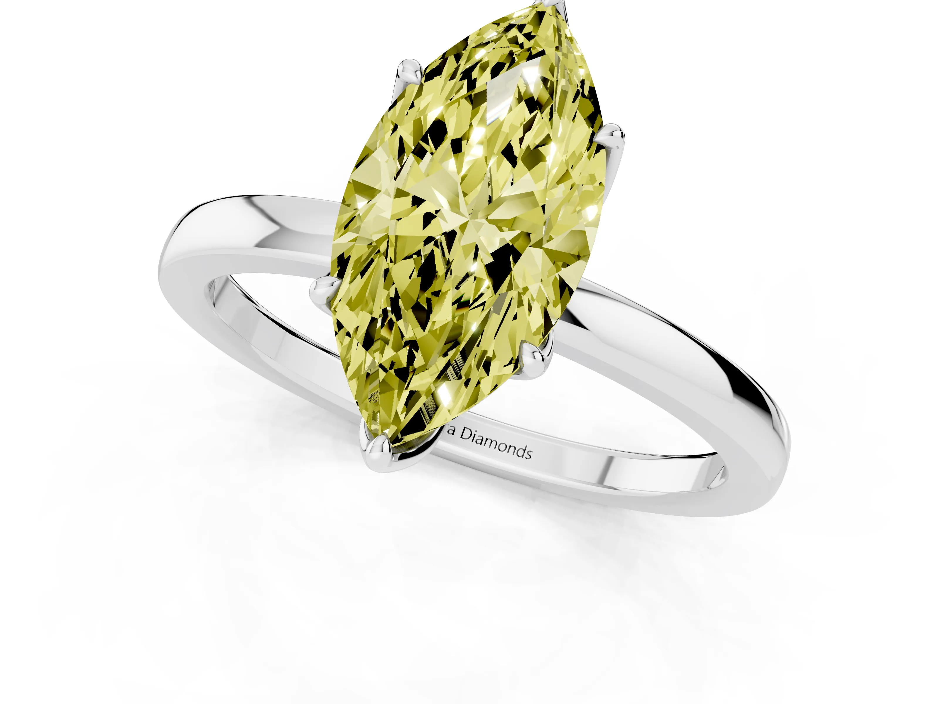 Fancy Yellow Marquise Cut Diamond Solitaire Ring Set in White gold with Prong Setting and Thin Polished Band