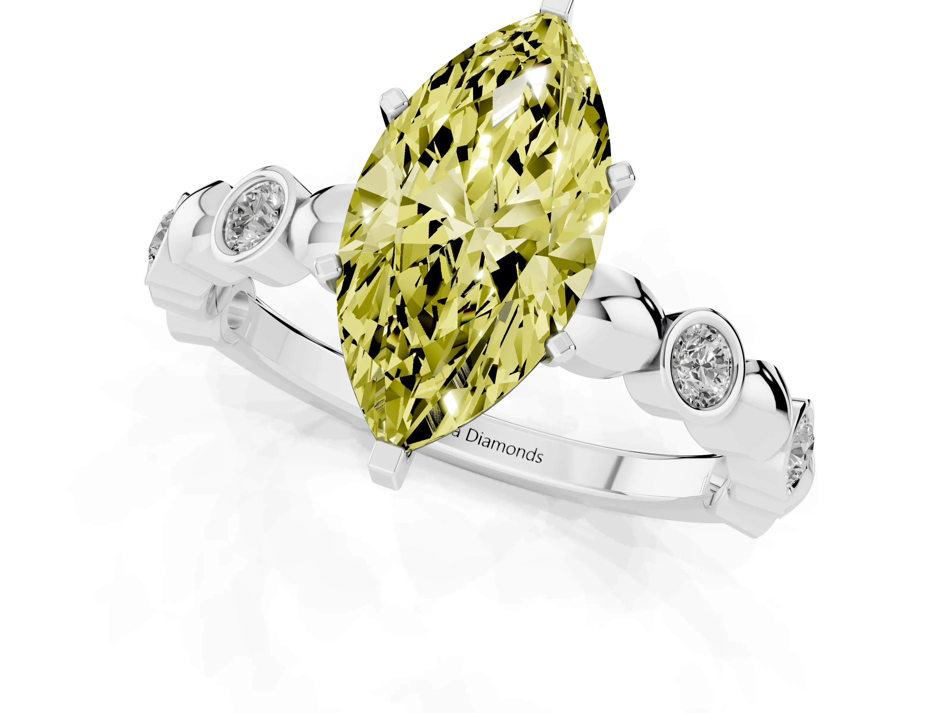 Fancy Yellow Marquise Cut Diamond Solitaire Ring Set in Platinum with Bezel-Set Accents on Beaded Band and Prong Setting