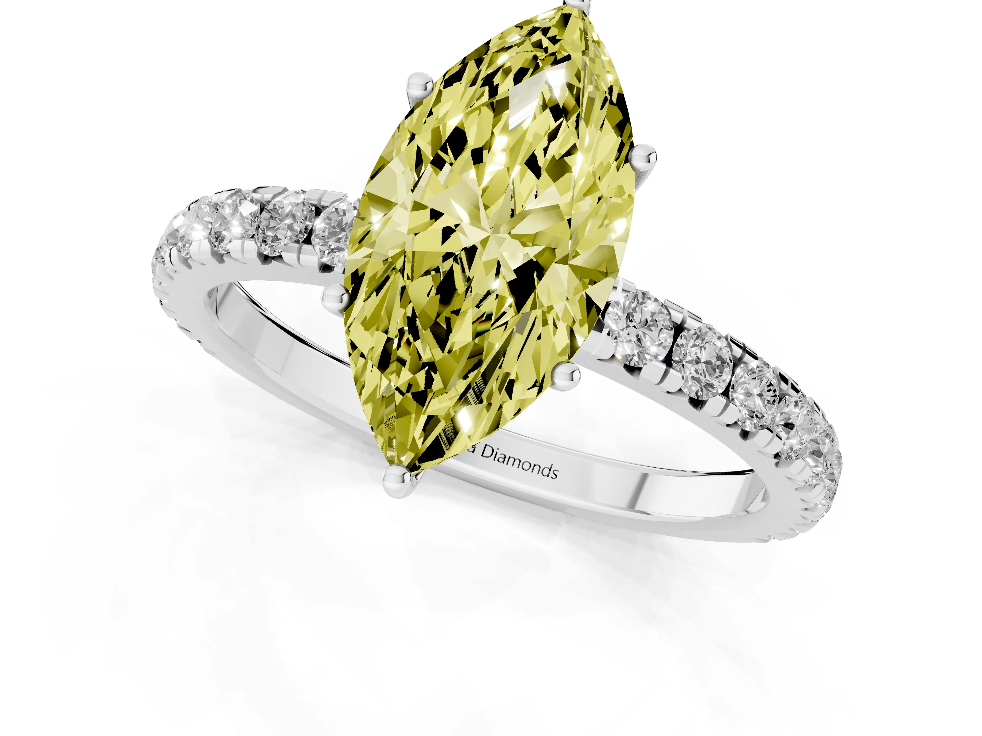Fancy Yellow Marquise Cut Diamond Pavé Solitaire Engagement Ring Set in Silver with Prong Setting