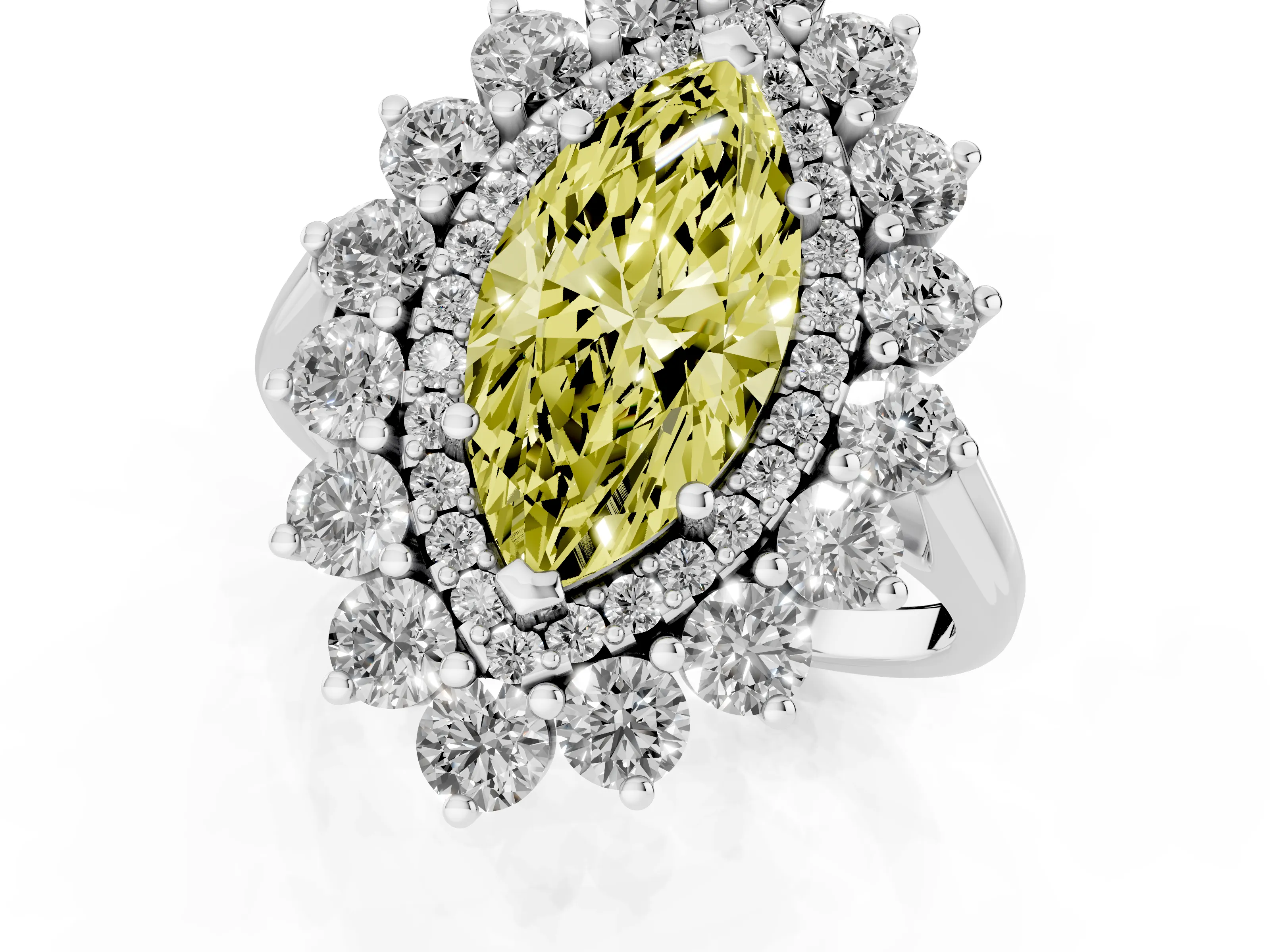 Fancy Yellow Marquise Cut Diamond Floral Double Halo Ring Set in Silver with Round Petals