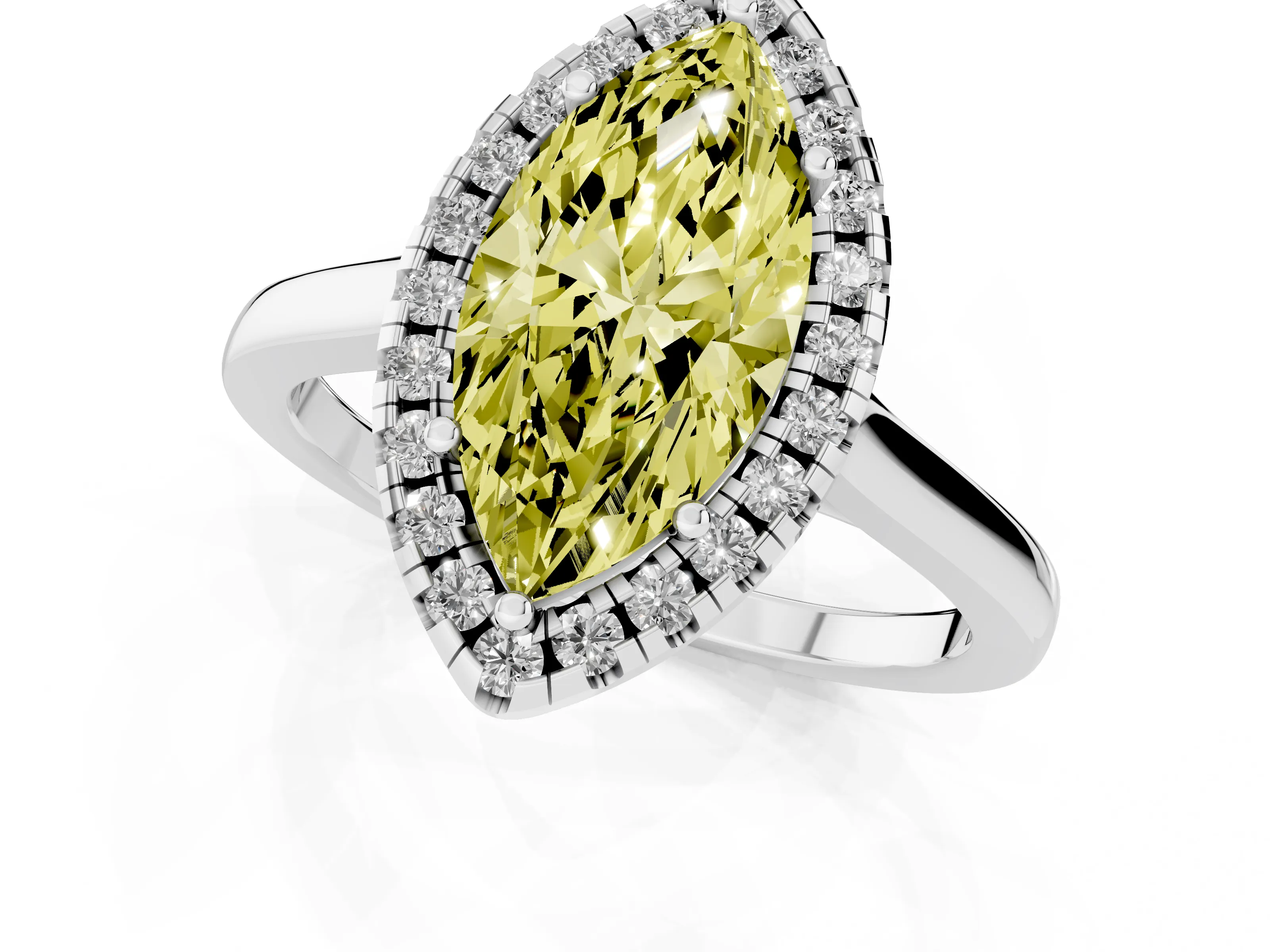 Fancy Yellow Marquise Cut Halo Round Diamond Solitaire Ring Set in Platinum with Pavé Band and Prong Setting