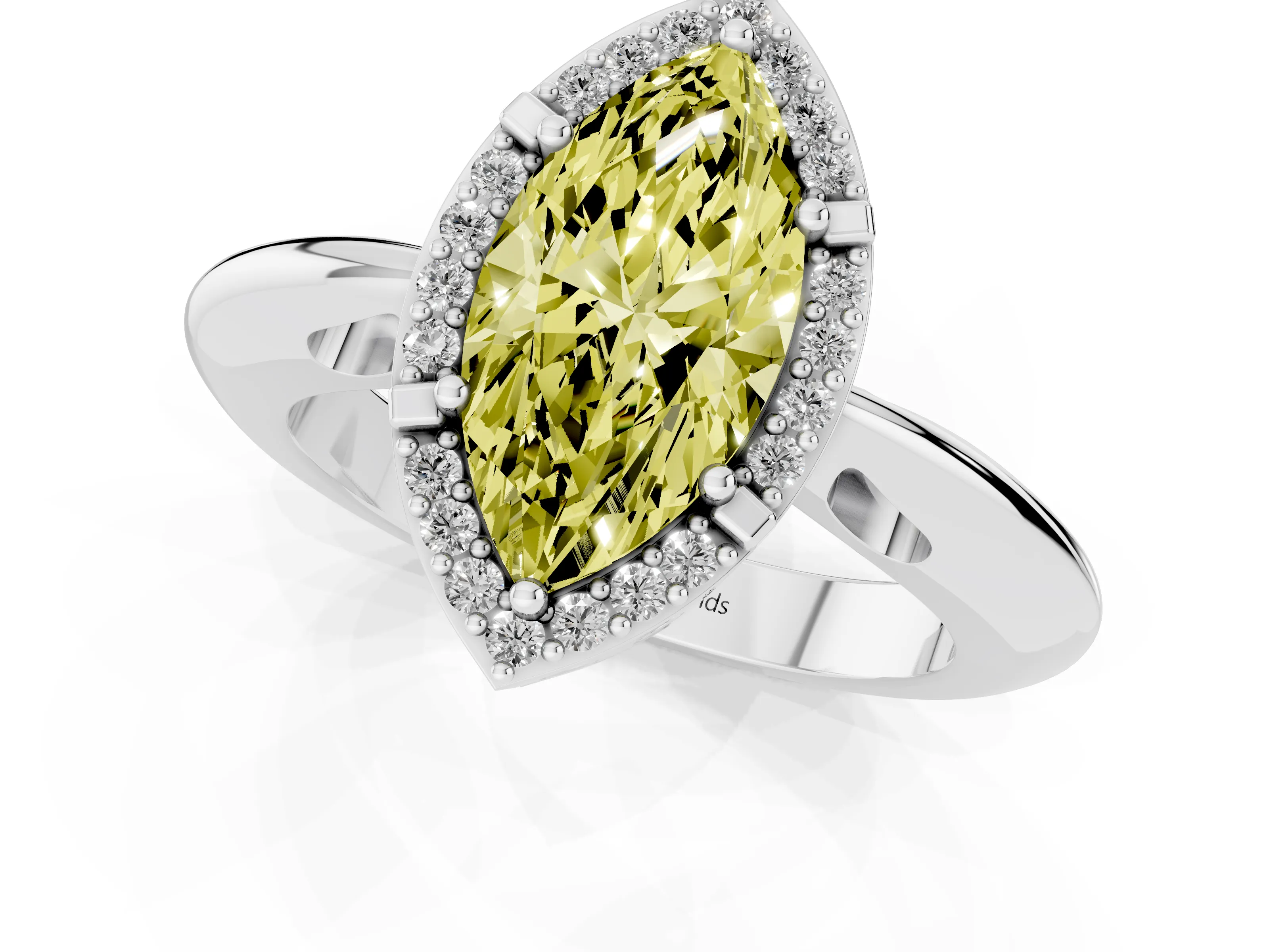 Fancy Yellow Marquise Cut Diamond Halo Engagement Ring Set in Platinum with Plain Split Shank and Prong Setting