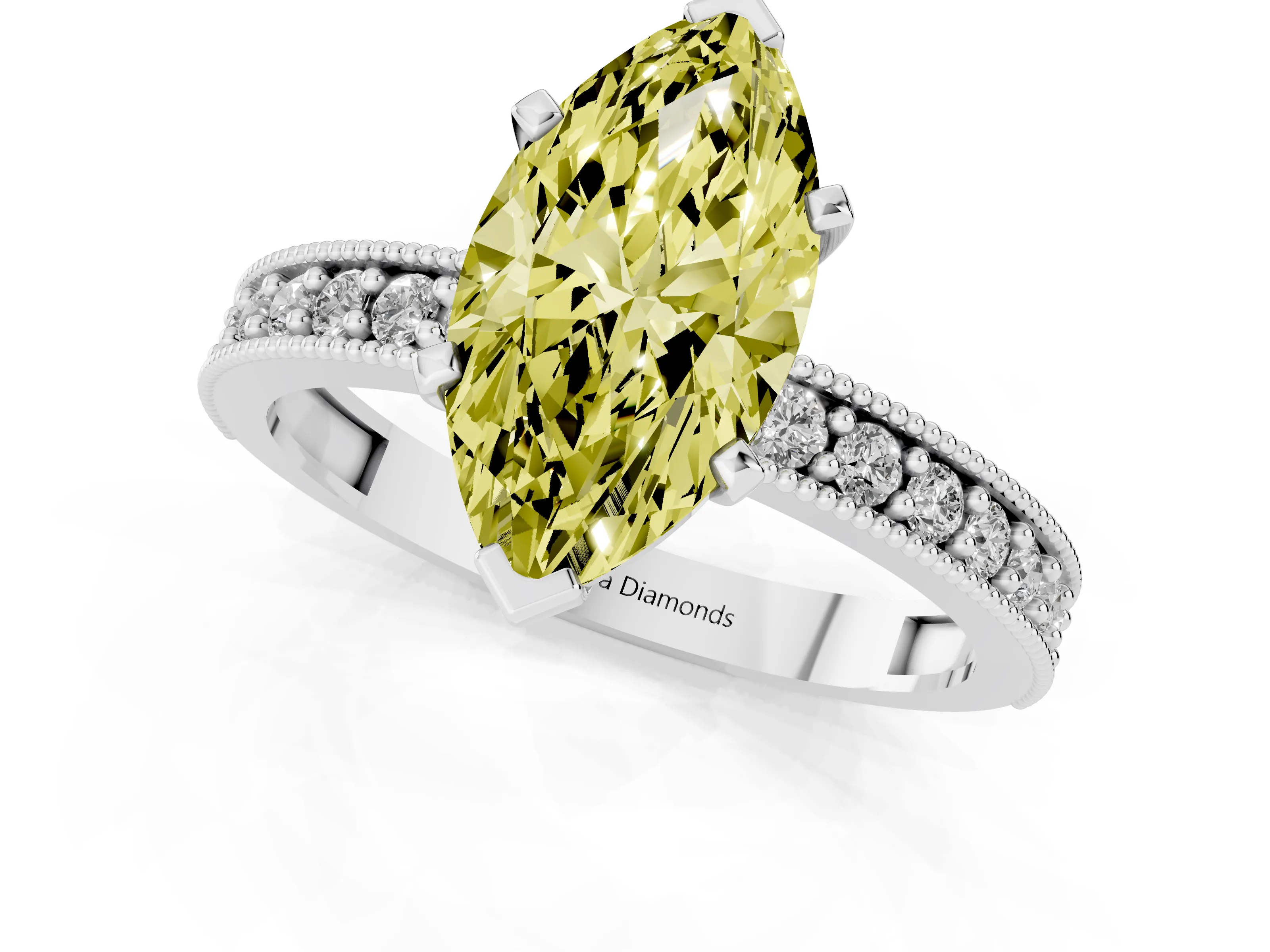Fancy Yellow Marquise Cut Diamond Milgrain Pavé Engagement Ring Set in Silver with Prong Setting