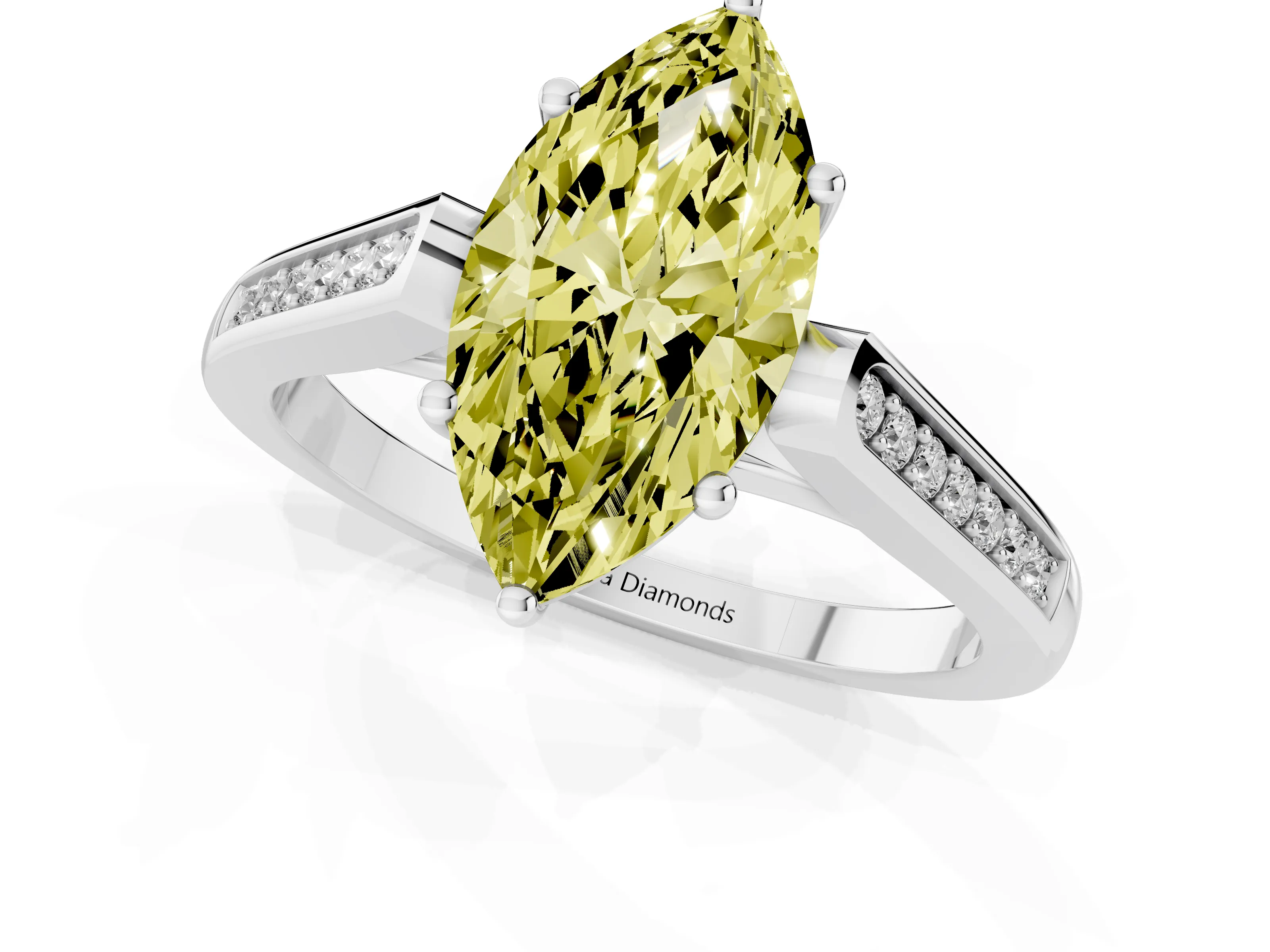 Fancy Yellow Marquise Cut Diamond Solitaire Cathedral Engagement Ring Set in White gold with Channel-Set Band and Prong Setting