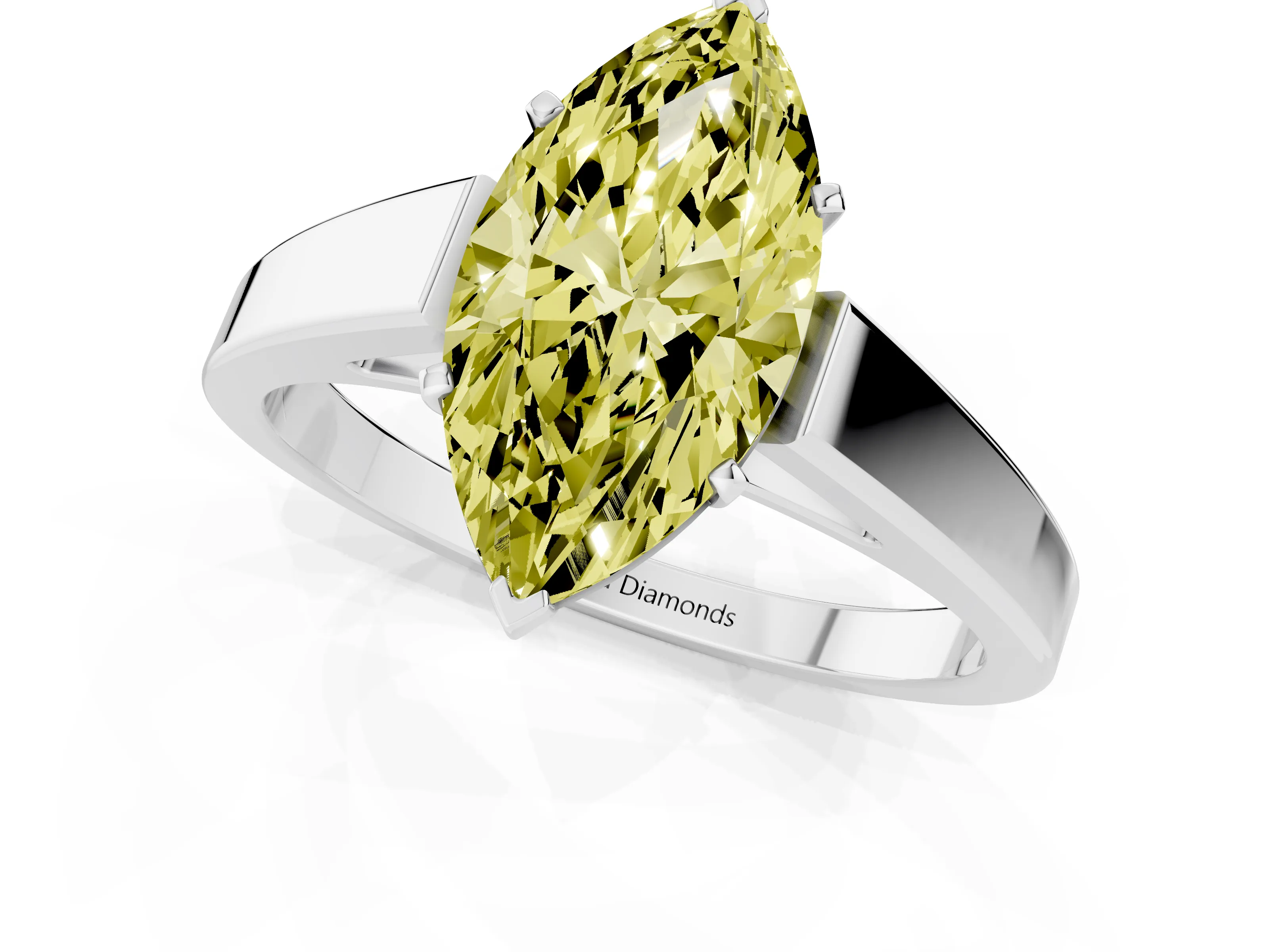 Fancy Yellow Marquise Cut Diamond Solitaire Engagement Ring Set in Platinum with Prong Setting and Tapered Band