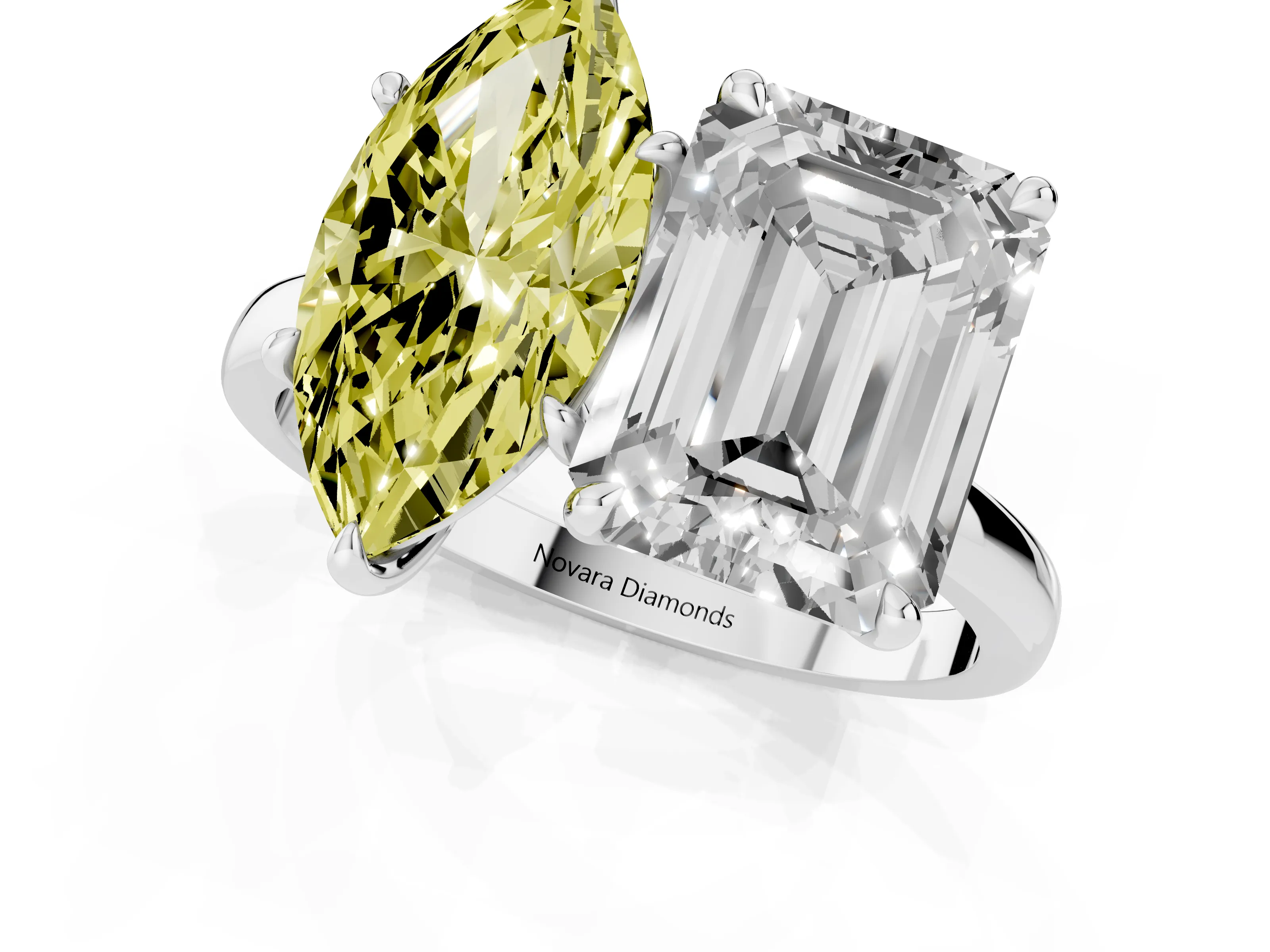 Fancy Yellow Marquise Cut and Emerald Cut Toi Moi Ring Set in Silver with Prong Setting