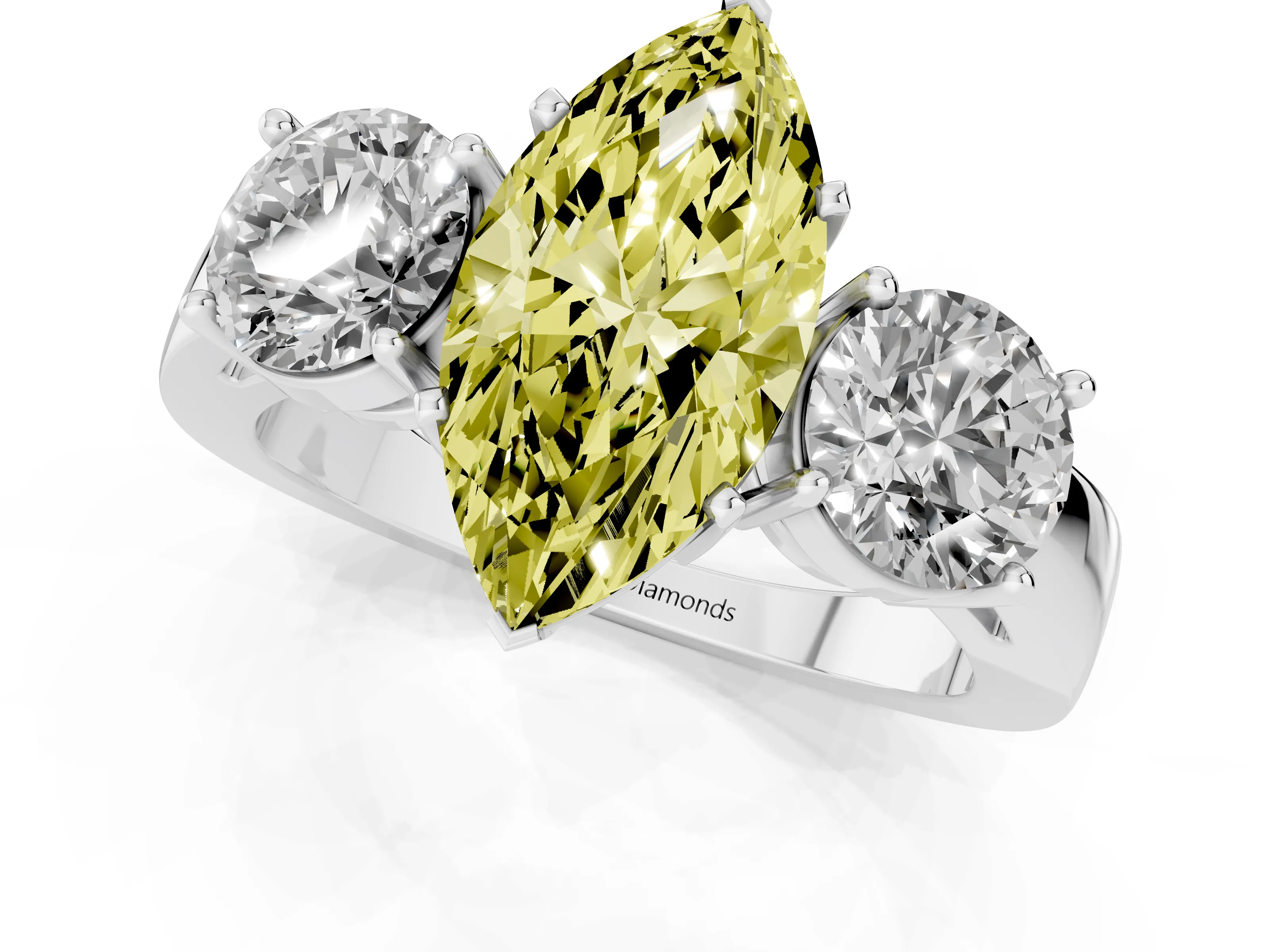 Fancy Yellow Marquise Cut Diamond Three-Stone Ring Set in Platinum with Round Side Stones and Classic Band