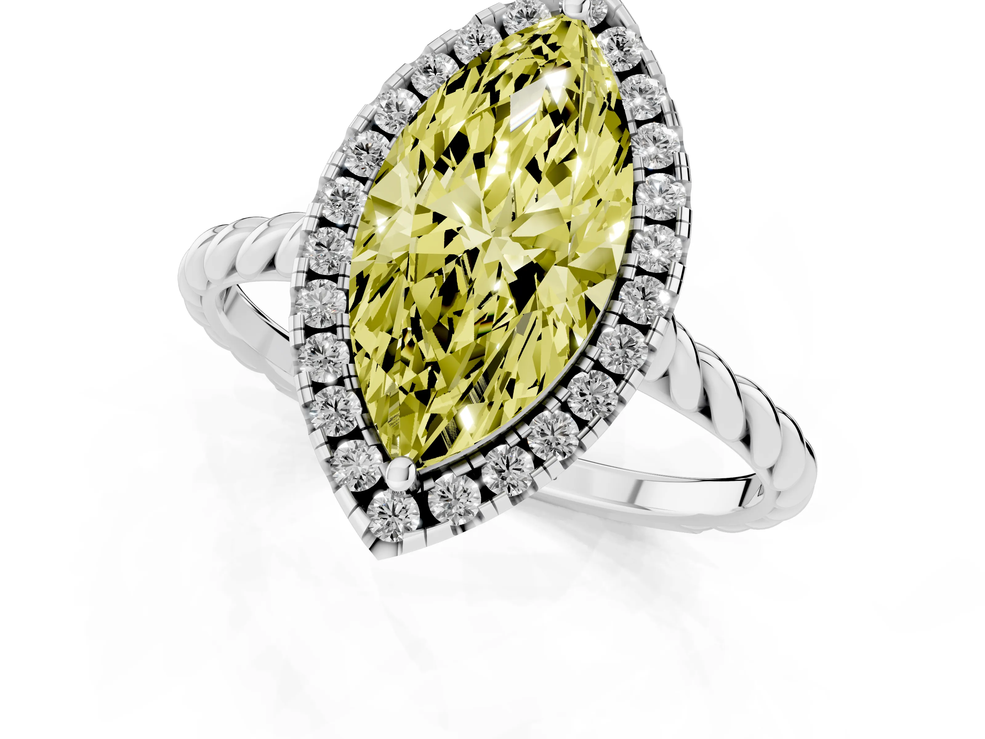 Fancy Yellow Marquise Cut Diamond Halo Ring Set in Platinum with Plain Twisted Band
