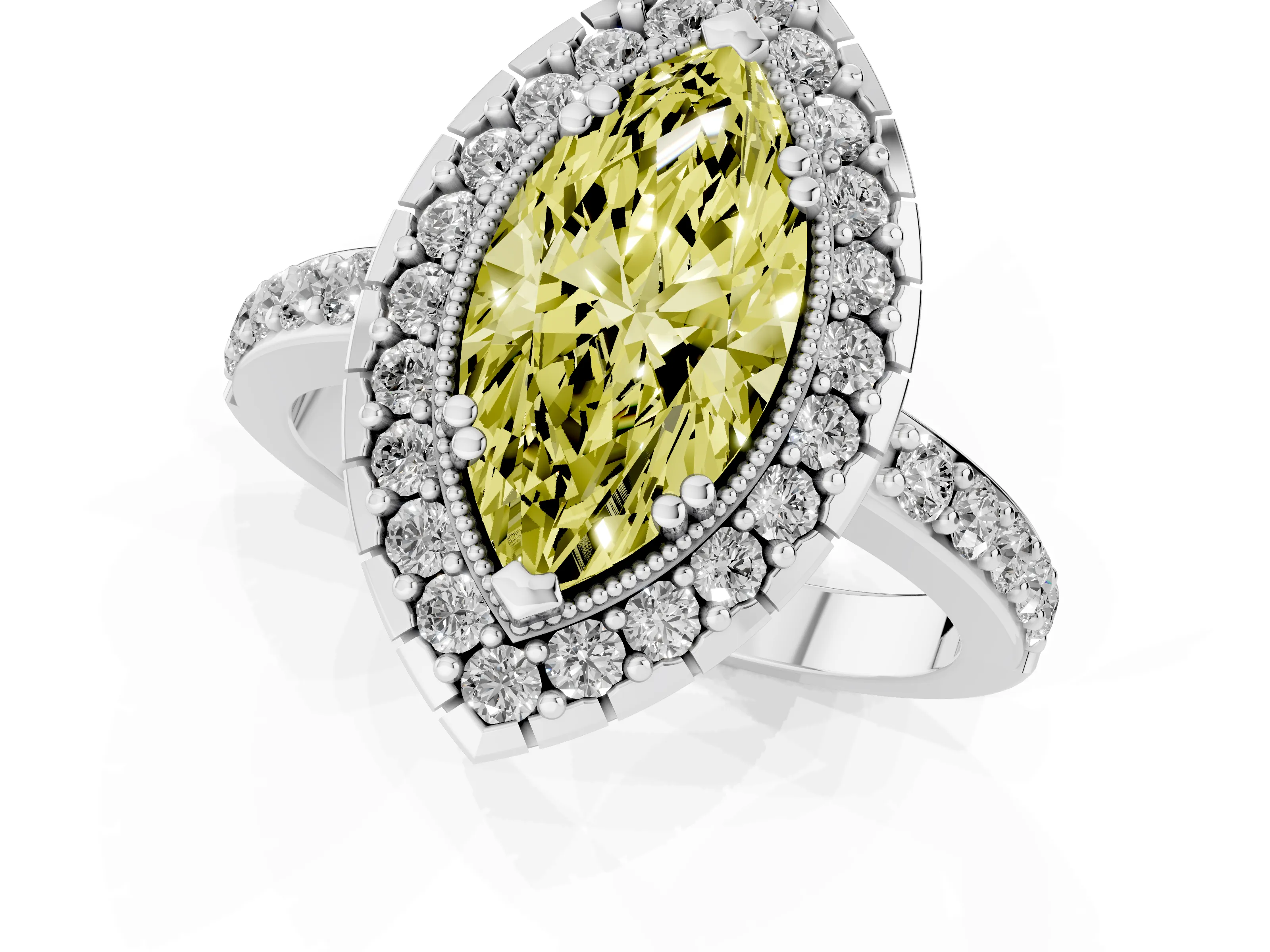Fancy Yellow Marquise Cut Diamond Halo Ring Set in White gold with Pavé Shank and Prong Setting