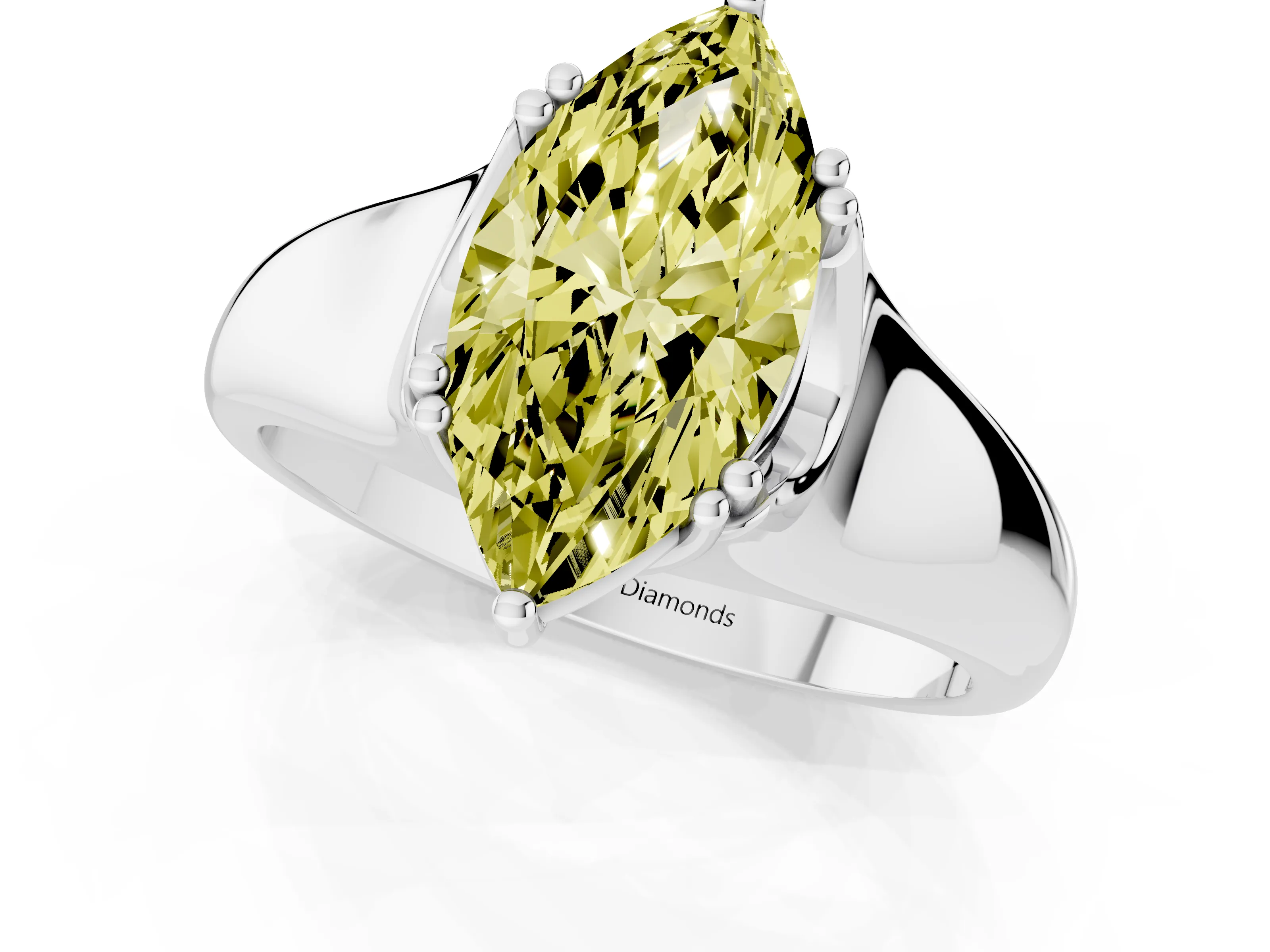 Fancy Yellow Marquise Cut Diamond Solitaire Ring Set in White gold with Wide Band and Prong Setting