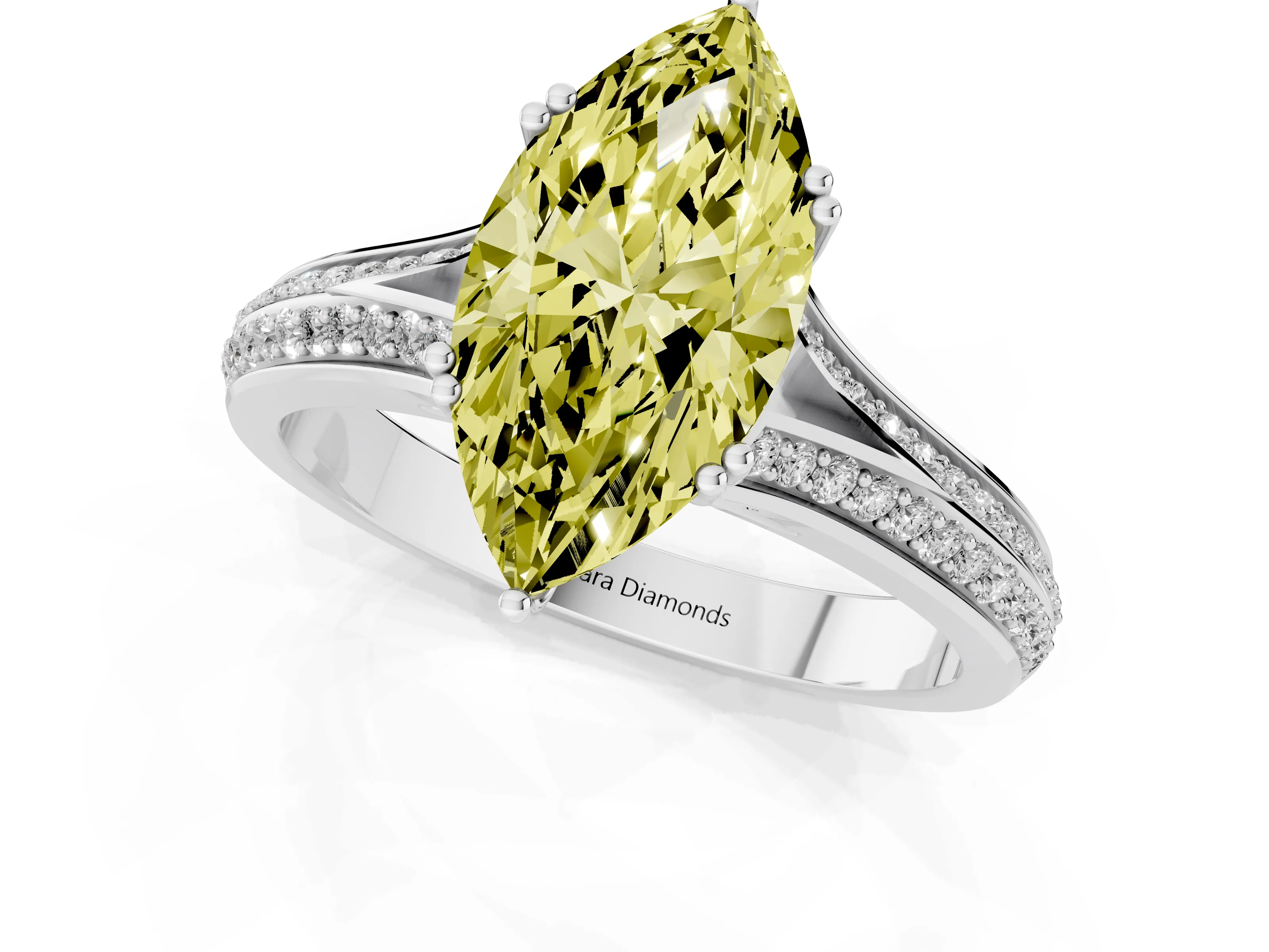 Fancy Yellow Marquise Cut Diamond Split Shank Pavé Engagement Ring Set in White gold with Prong-Set Center Stone