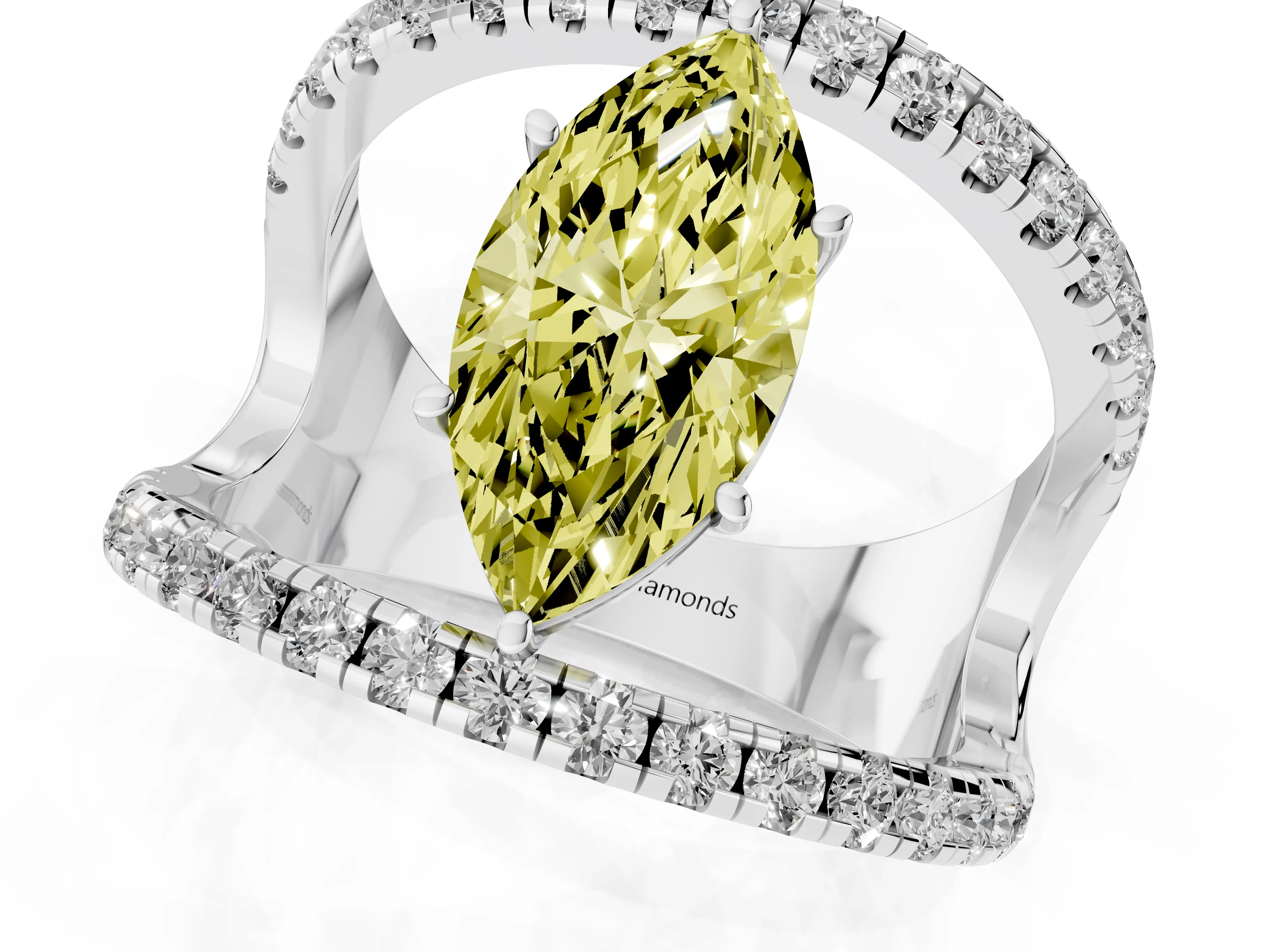 Fancy Yellow Marquise Cut Diamond Split Shank Pavé Solitaire Ring Set in Silver with Open Shank Design