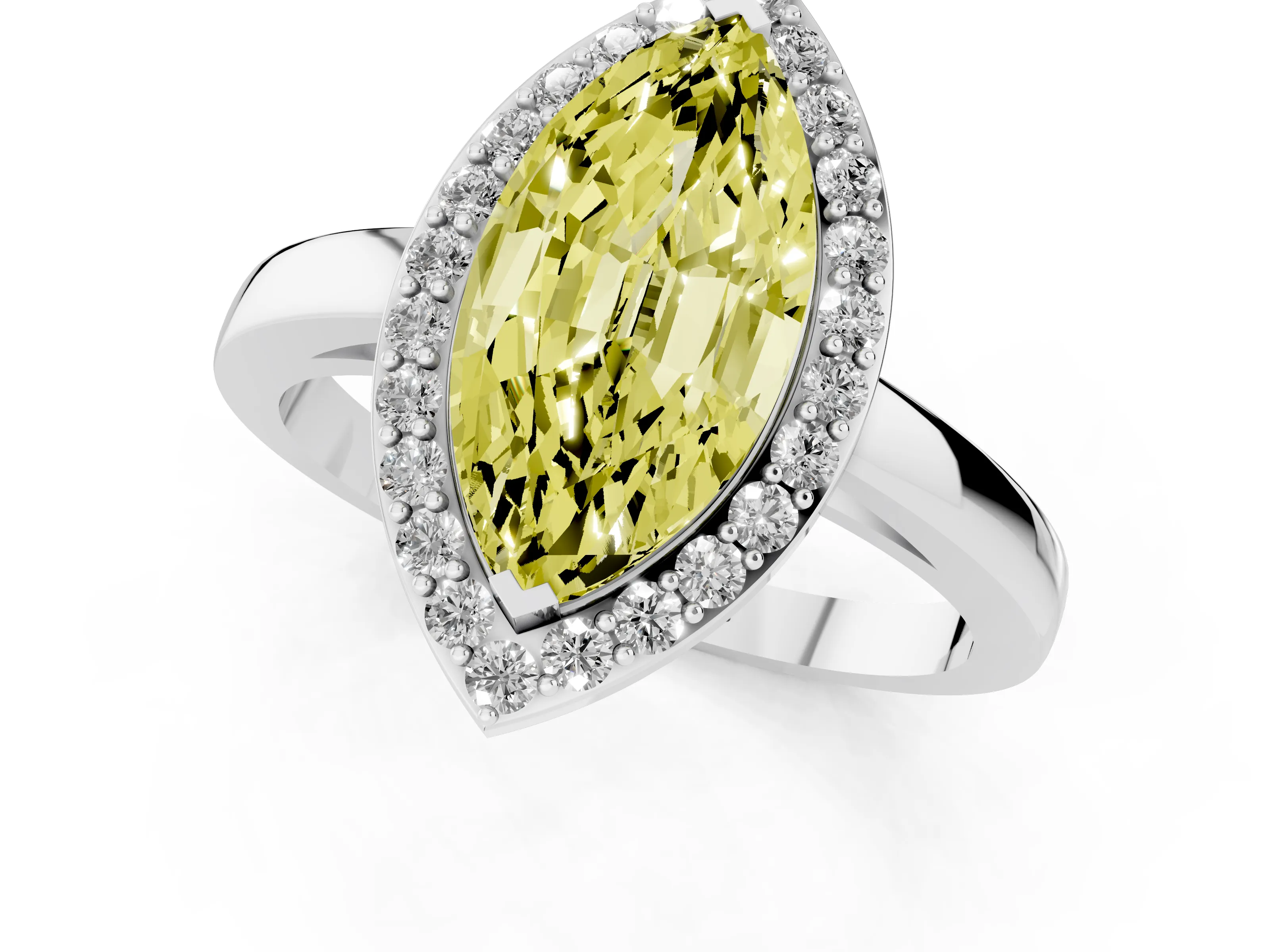 Fancy Yellow Marquise Cut Diamond Halo Ring Set in White gold with Solitaire Band and Prong Setting
