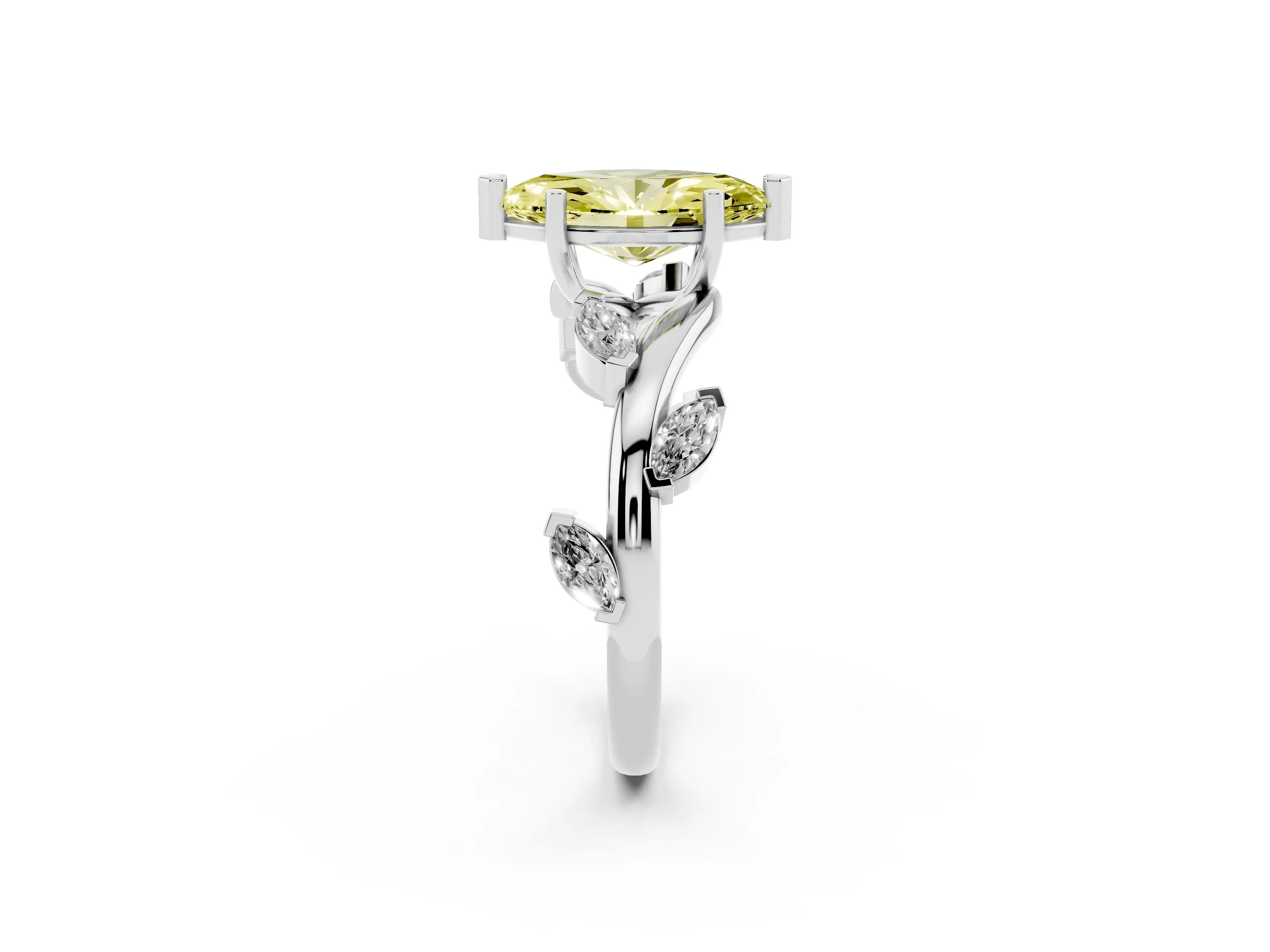 Fancy Yellow Marquise Cut Diamond Solitaire Ring Set in White gold with Twisted Marquise Accent Band