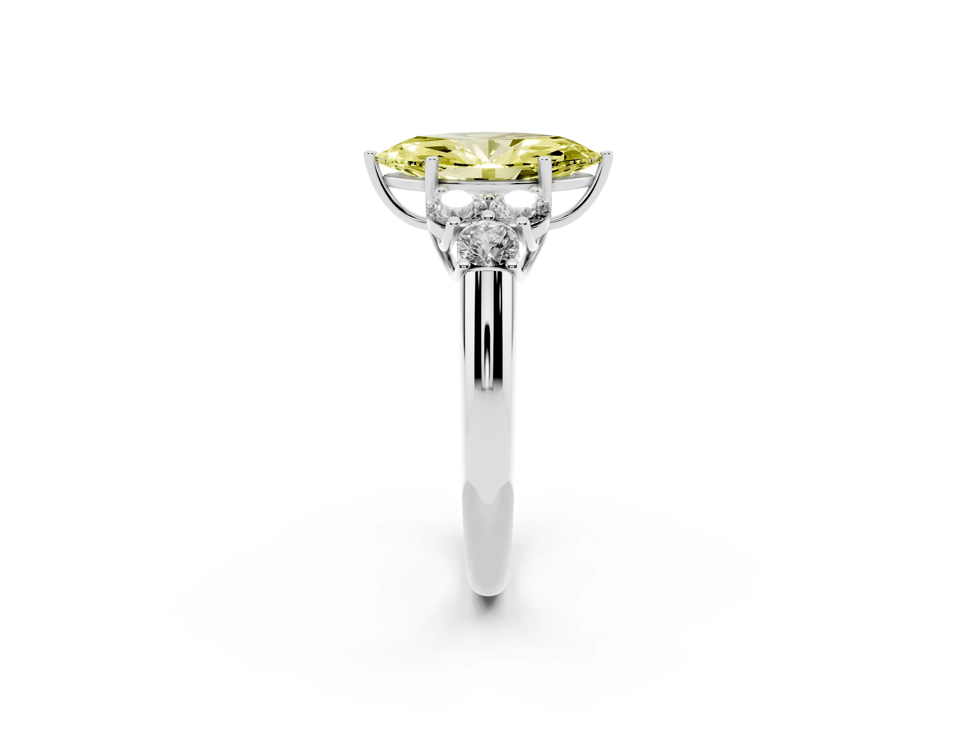 Fancy Yellow Marquise Cut Diamond Cluster Ring Set in Platinum with Round Accent Stones and Prong Setting on a Plain Band