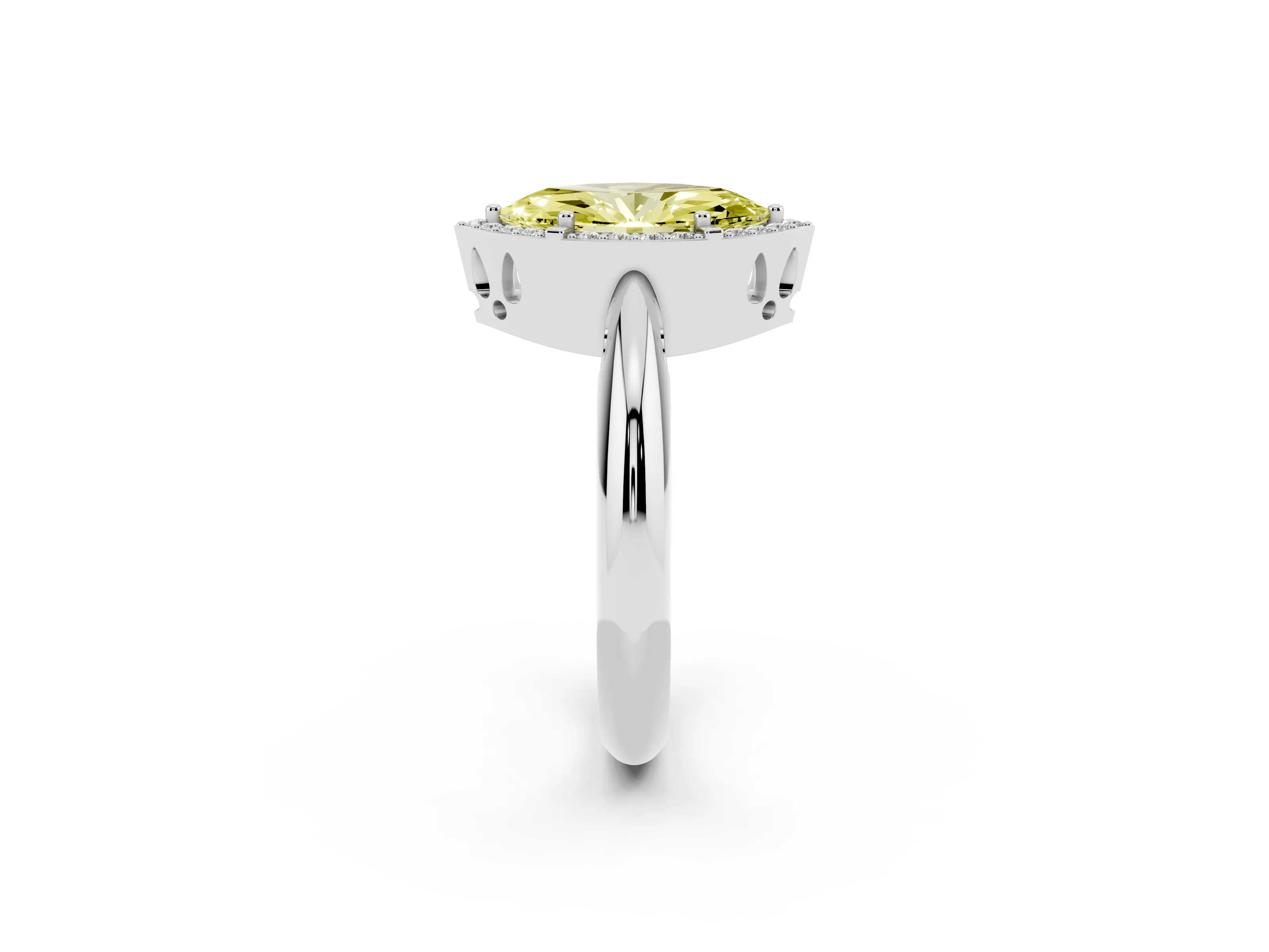Fancy Yellow Marquise Cut Diamond Halo Engagement Ring Set in Platinum with Plain Split Shank and Prong Setting