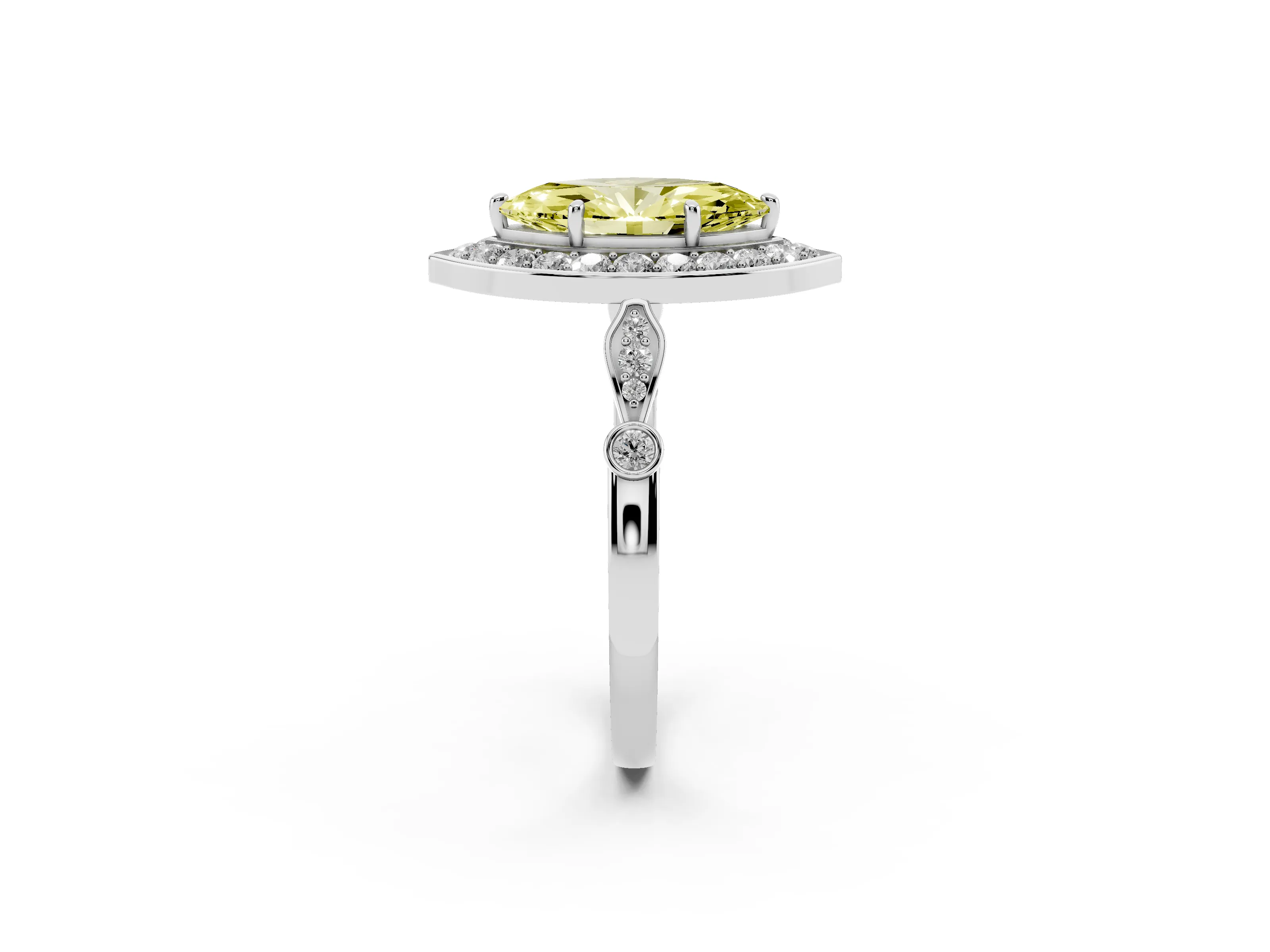 Fancy Yellow Marquise Cut Diamond Halo Engagement Ring Set in Platinum with Twisted Band and Prong Setting