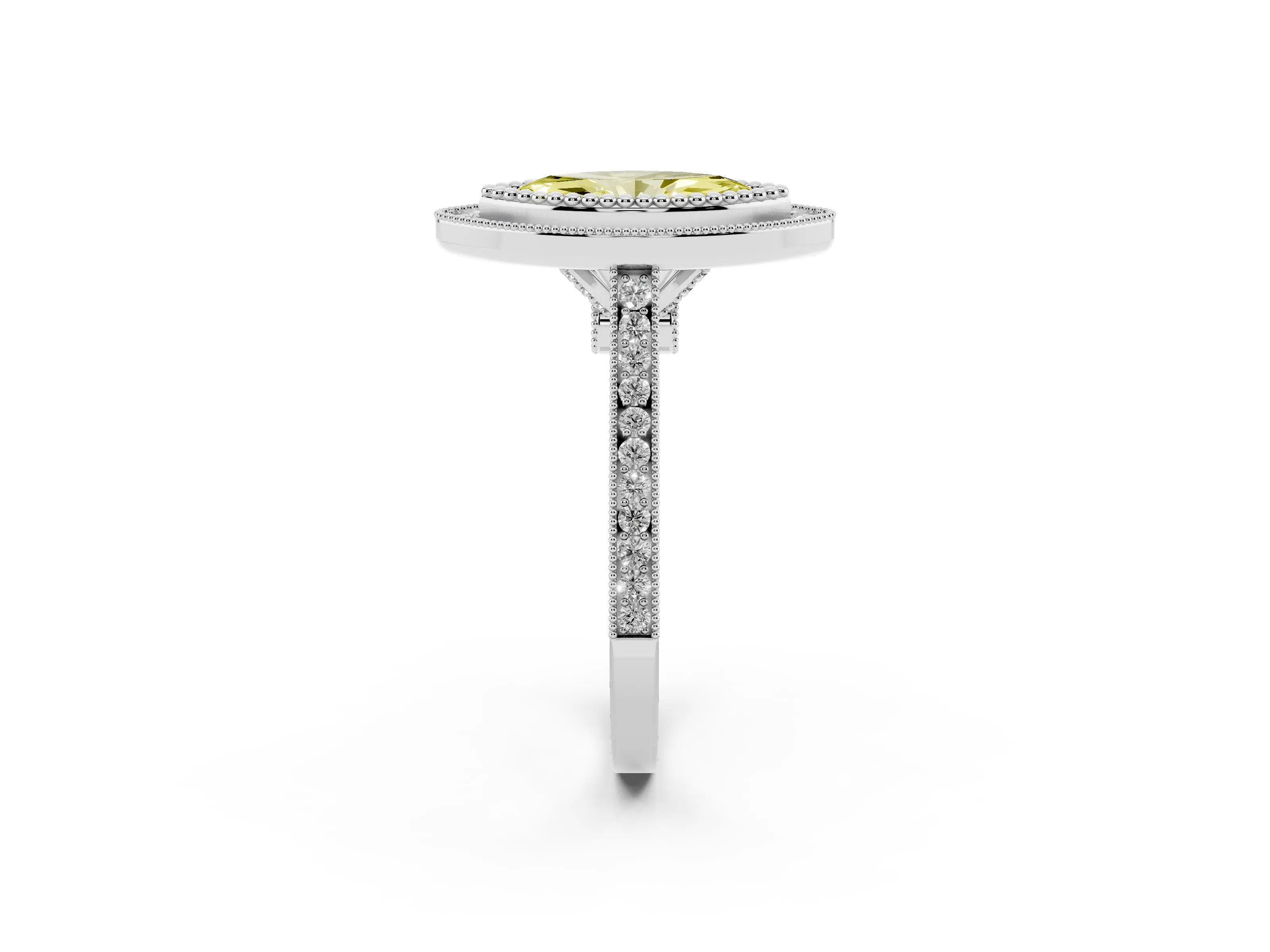 Fancy Yellow Marquise Cut Diamond Halo Ring Set in Silver with Milgrain Frame and Pavé Band