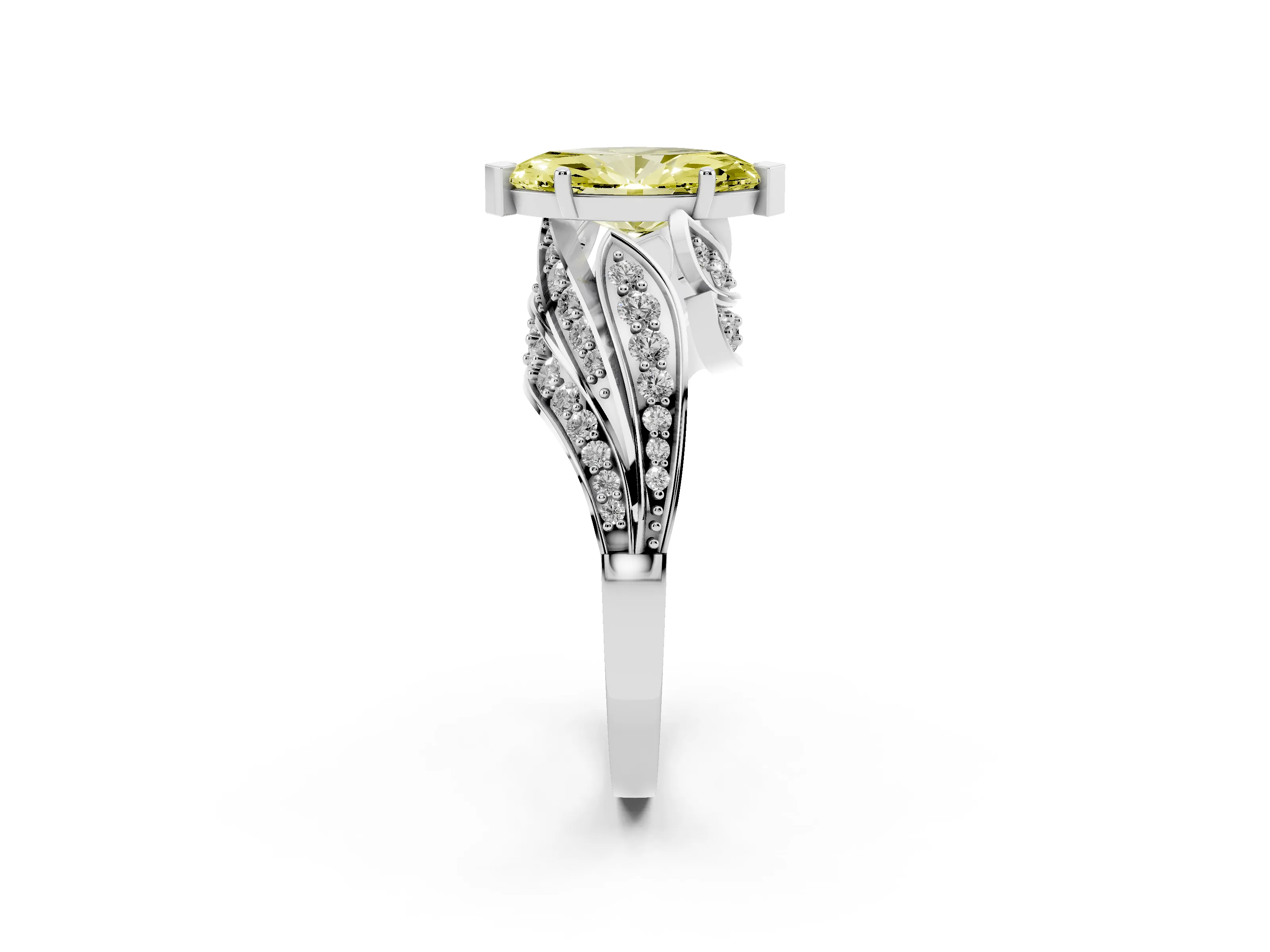 Fancy Yellow Marquise Cut Diamond Solitaire Ring Set in Platinum with Layered Twist Pavé Band