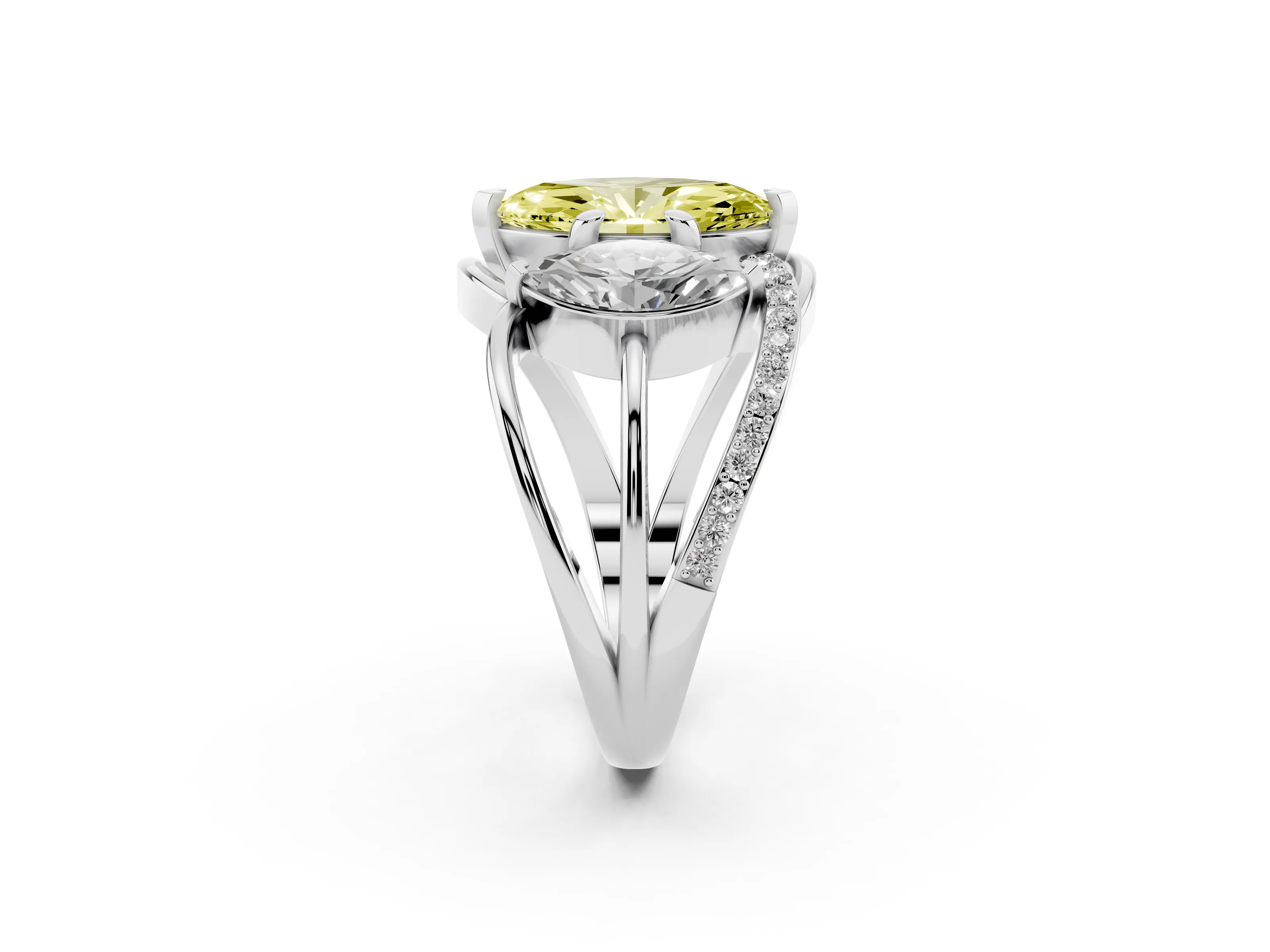 Fancy Yellow Marquise Cut Diamond Three-Stone Ring Set in Platinum with Split Shank and Prong Setting
