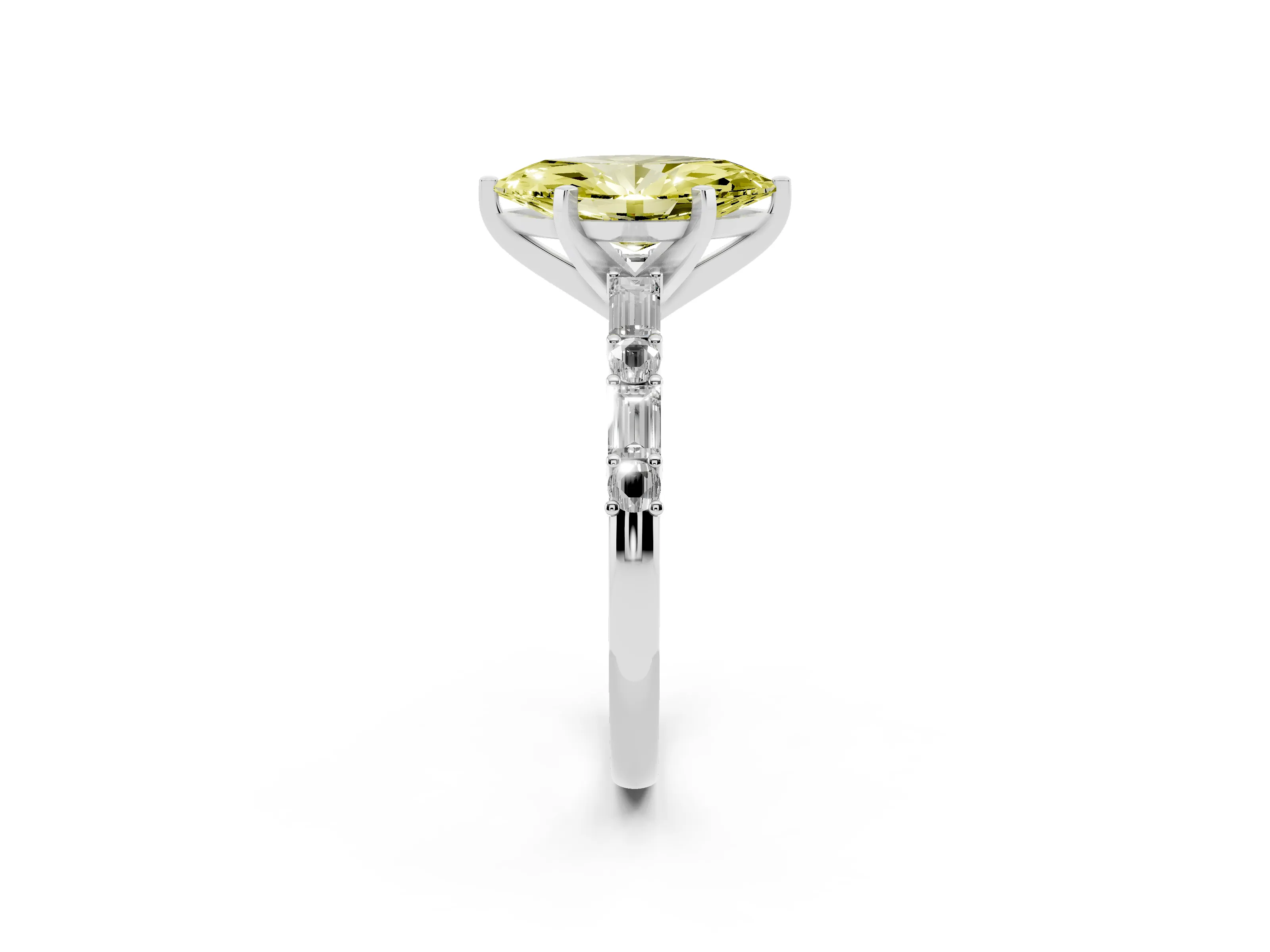 Fancy Yellow Marquise Cut Diamond Solitaire Set in Silver with Side Baguettes and Channel Set Band