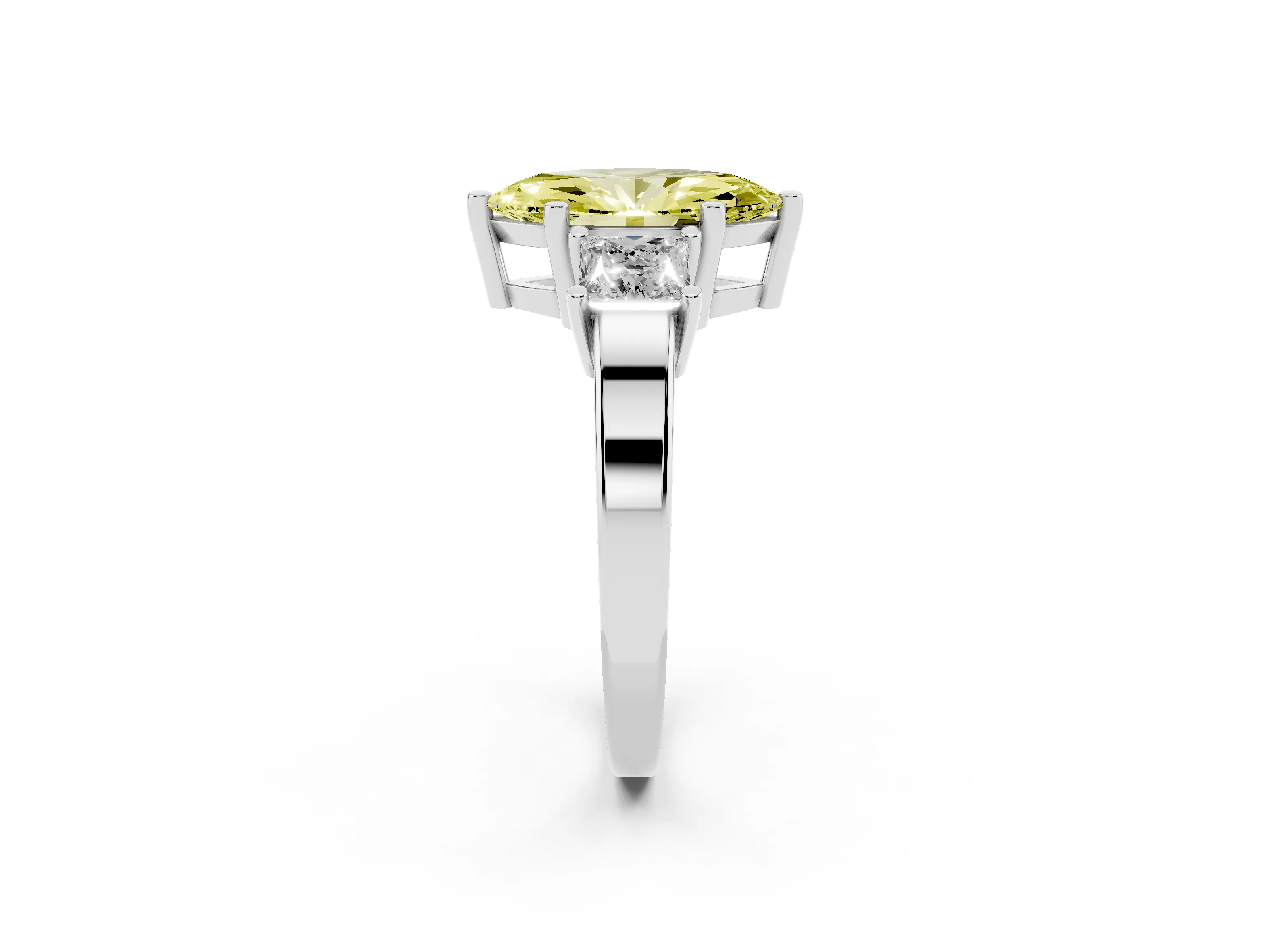 Fancy Yellow Three-Stone Marquise Cut Diamond Solitaire Ring Set in Platinum with Prong Setting