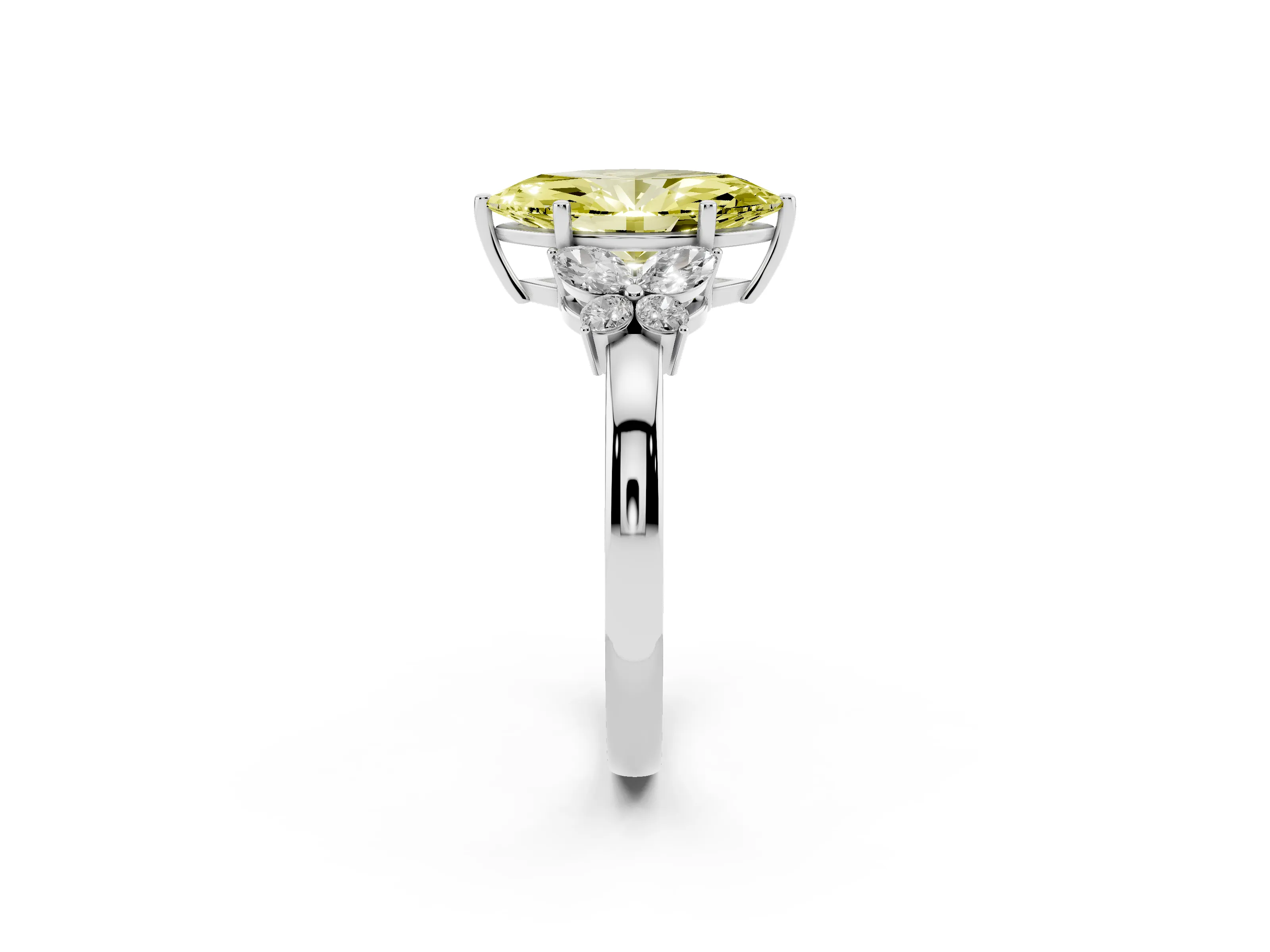 Fancy Yellow Marquise Cut Diamond Solitaire Floral Ring Set in Platinum with Marquise Petals and Prong Setting