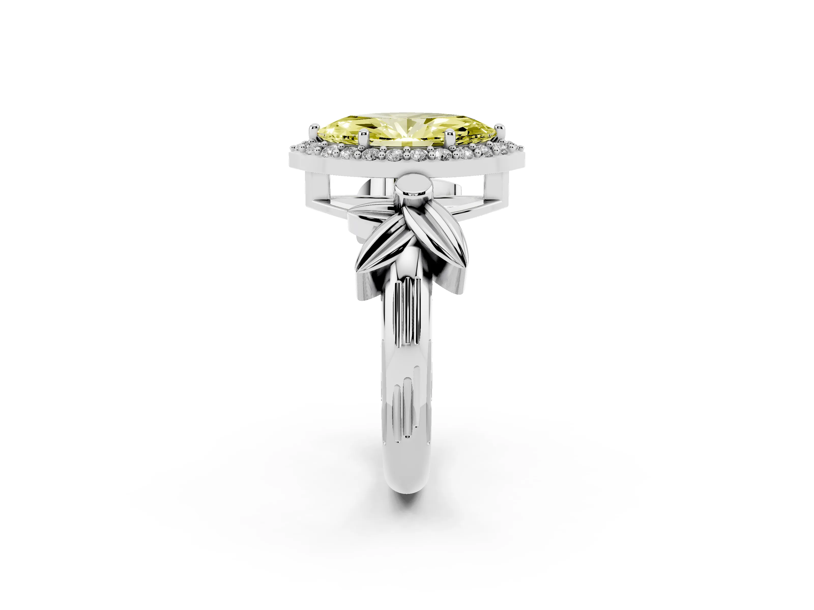 Fancy Yellow Marquise Cut Diamond Halo Floral Band Ring Set in White gold with Prong Setting