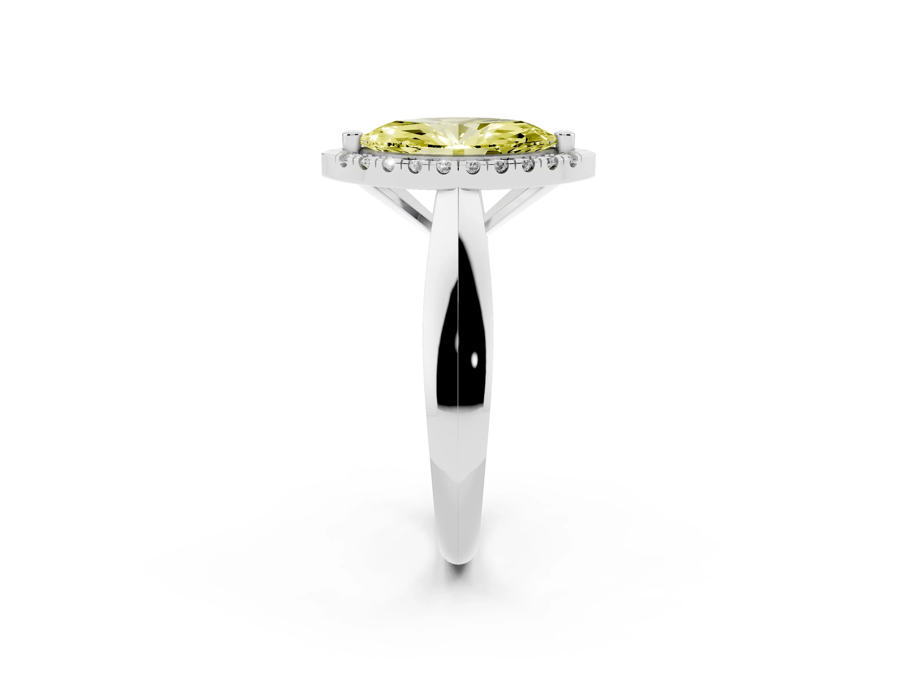 Fancy Yellow Marquise Cut Diamond Halo Solitaire Engagement Ring Set in White gold with Square Band and Prong Setting