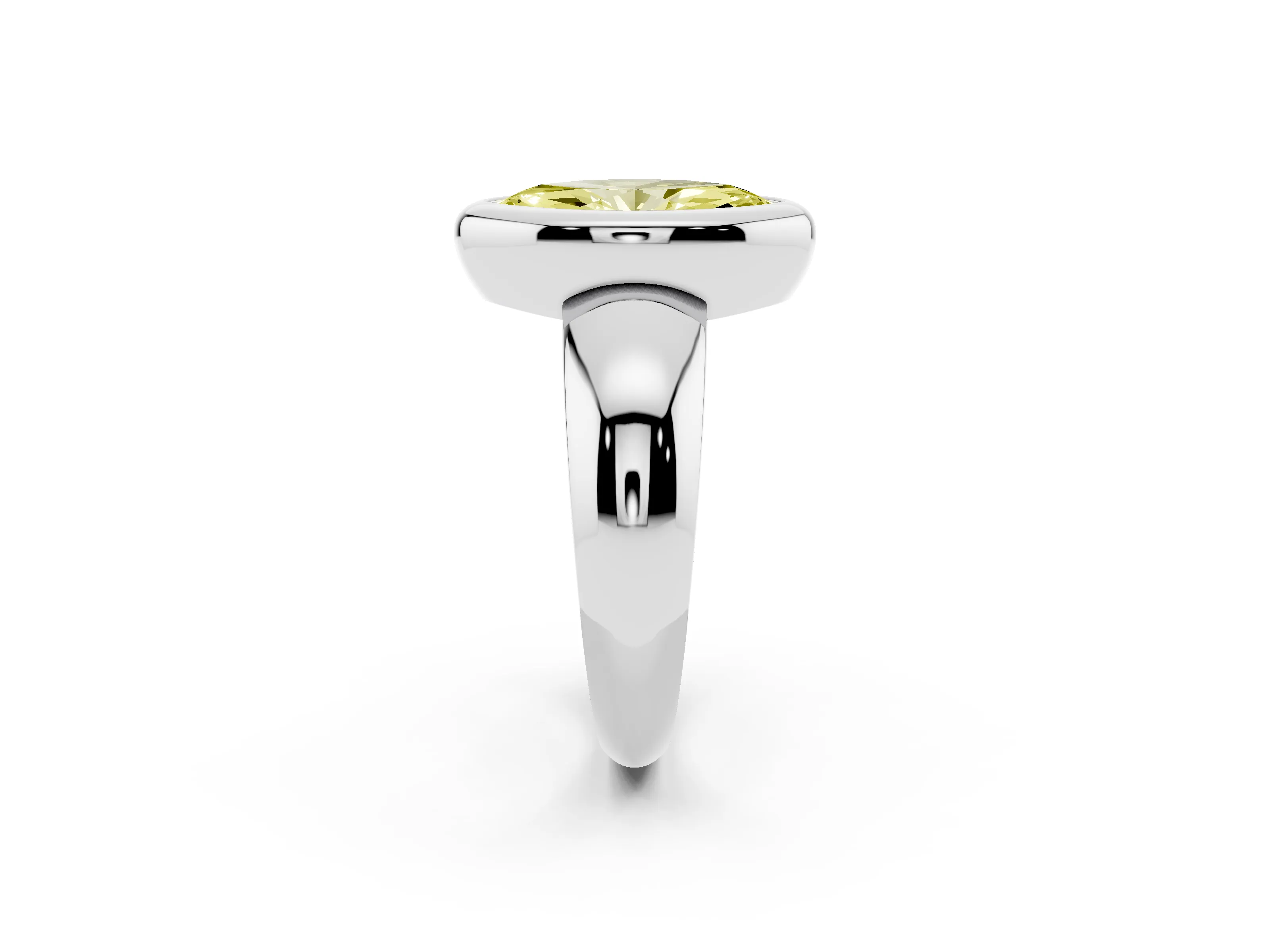 Fancy Yellow Bezel Set Marquise Cut Diamond Solitaire Ring Set in Platinum with Wide Band