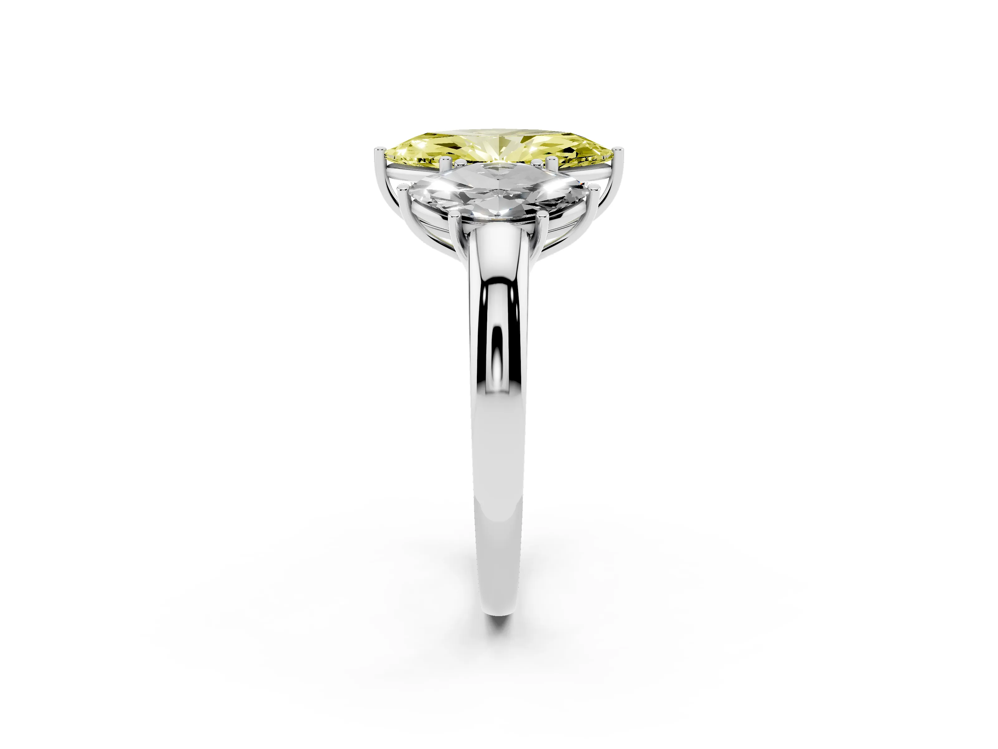 Fancy Yellow Marquise Cut Diamond Three-Stone Ring Set in White gold with Bold Center and Classic Band