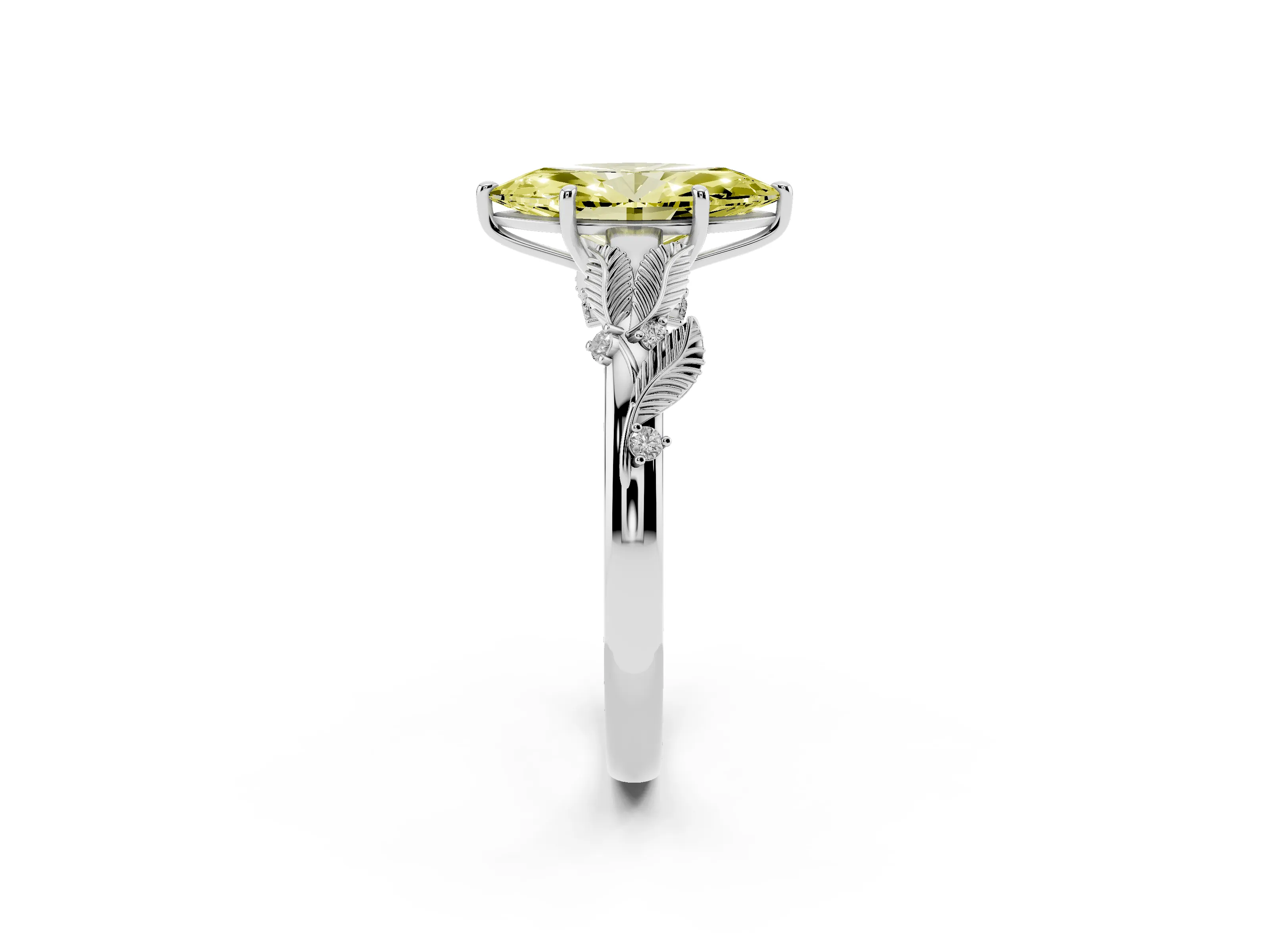 Fancy Yellow Marquise Cut Diamond Solitaire Ring Set in White gold with Leaf Motif Band