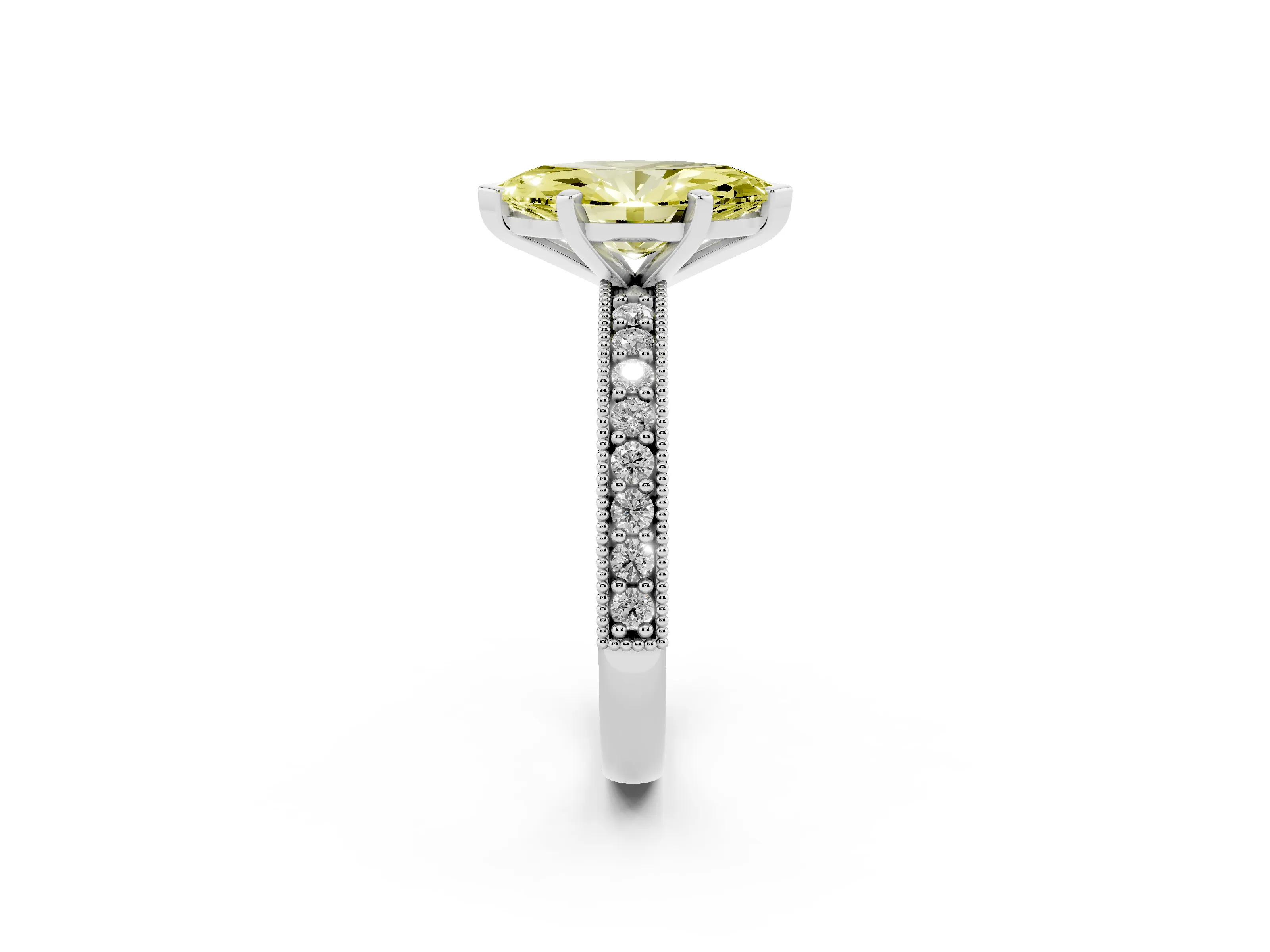 Fancy Yellow Marquise Cut Diamond Milgrain Pavé Engagement Ring Set in Silver with Prong Setting