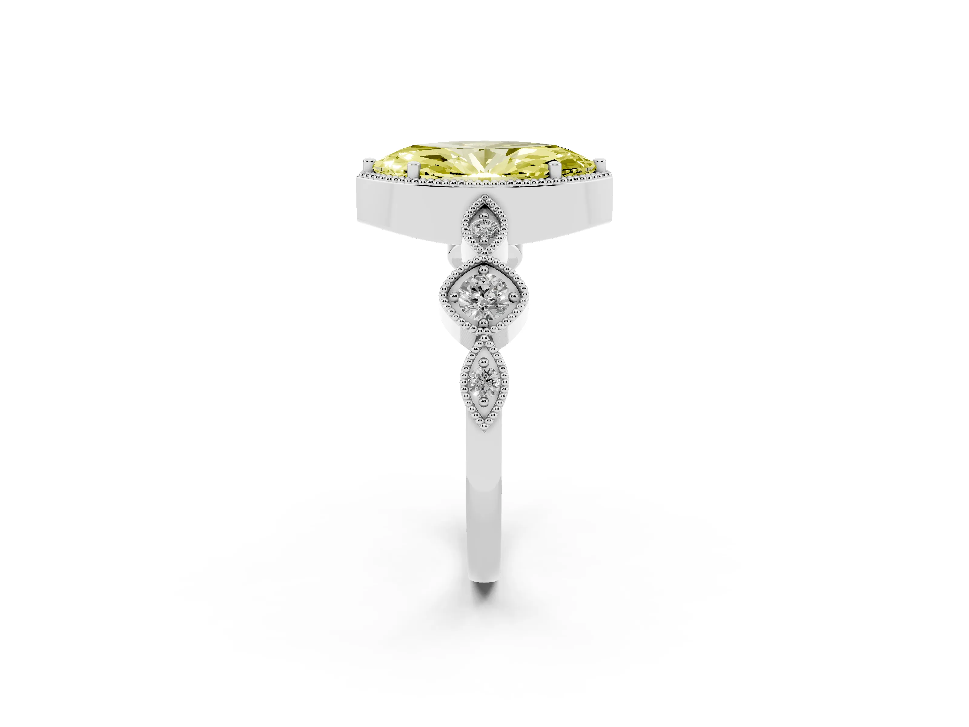 Fancy Yellow Marquise Cut Diamond Vintage-Inspired Milgrain Ring Set in Silver with Marquise Stations of Round Accents