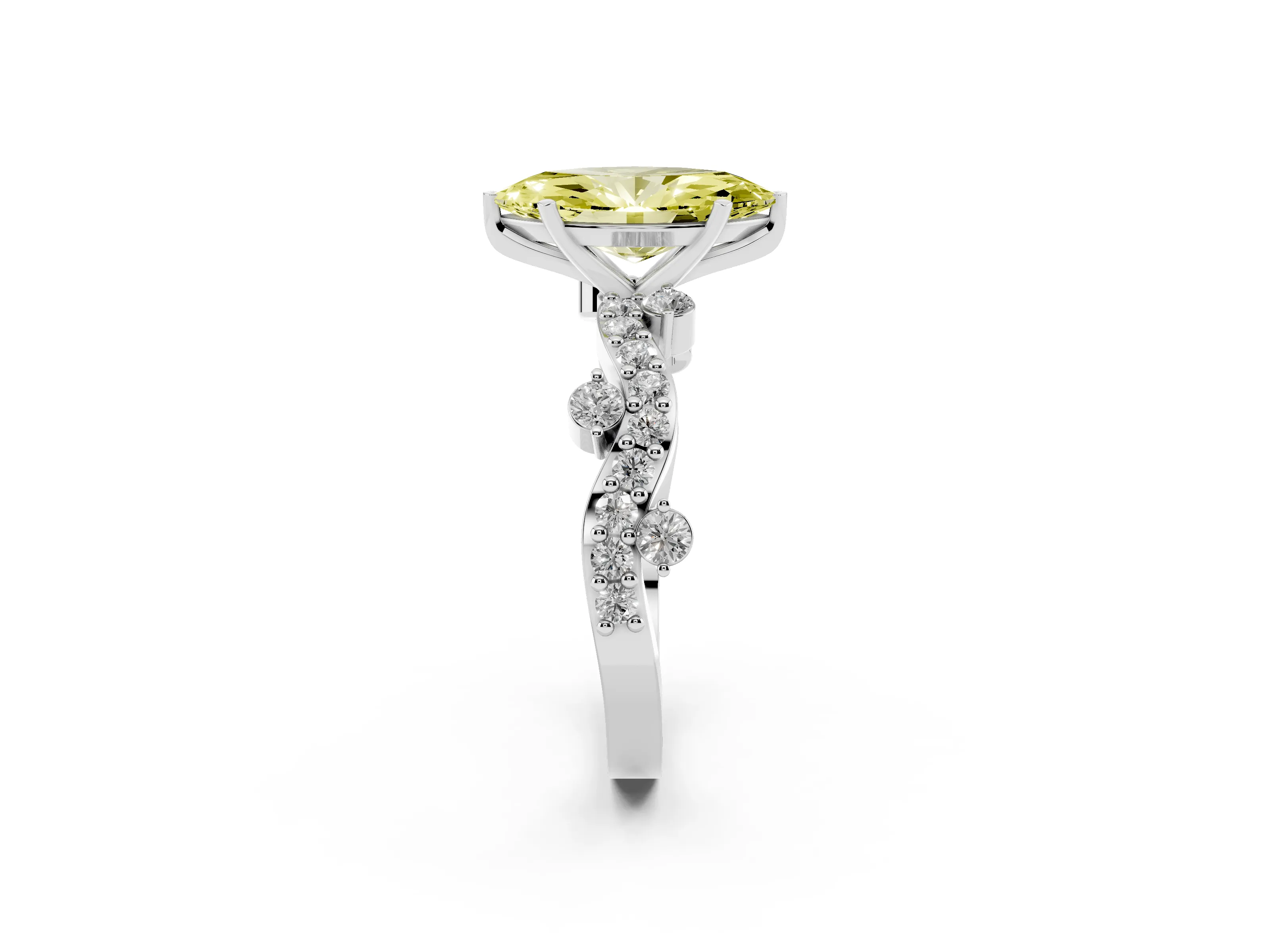 Fancy Yellow Marquise Cut Diamond Solitaire Twisted Band Set in Platinum with Pavé Setting