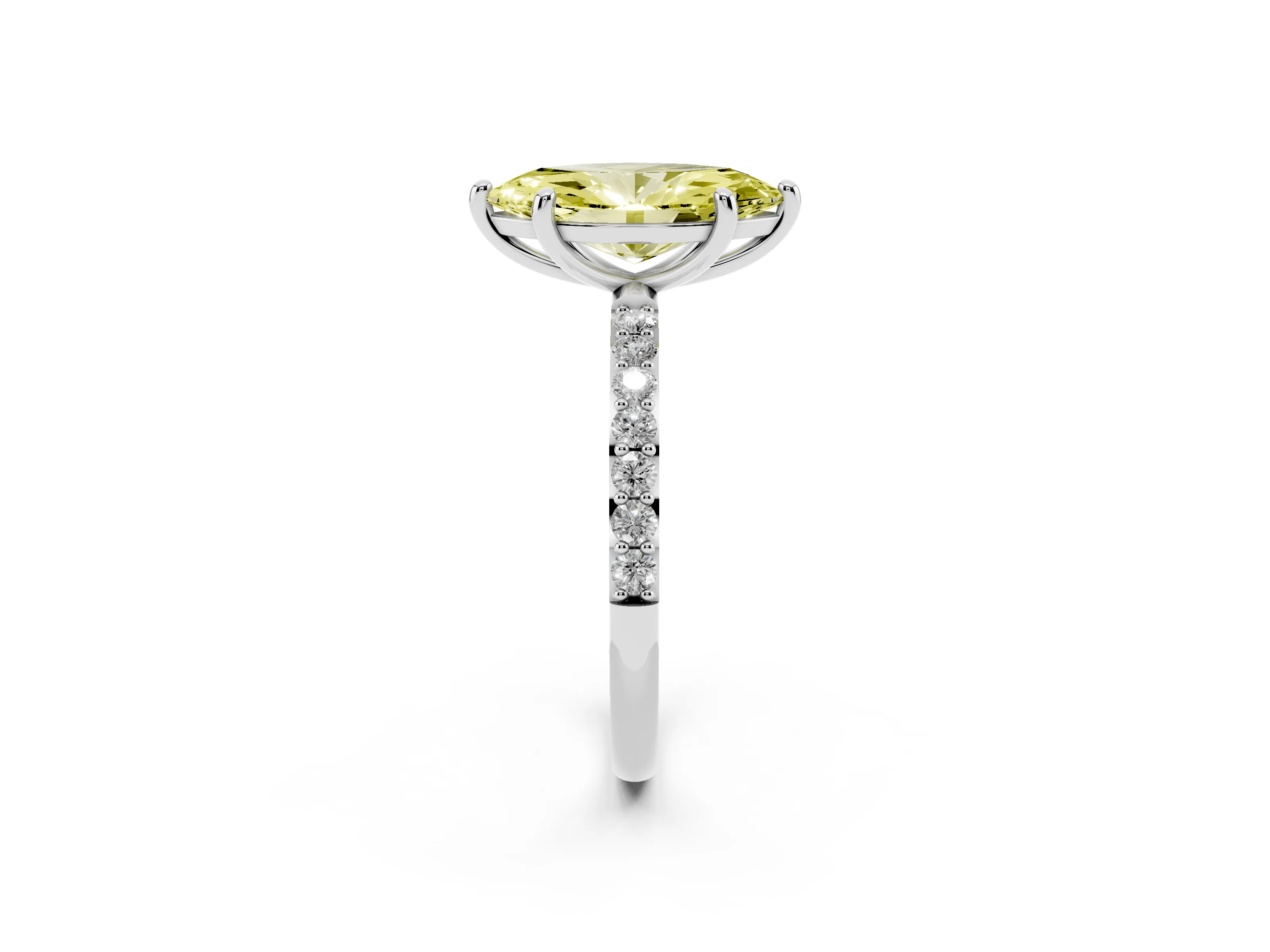 Fancy Yellow Marquise Cut Diamond Solitaire Ring Set in Platinum with Round Pavé Band and Prong Setting