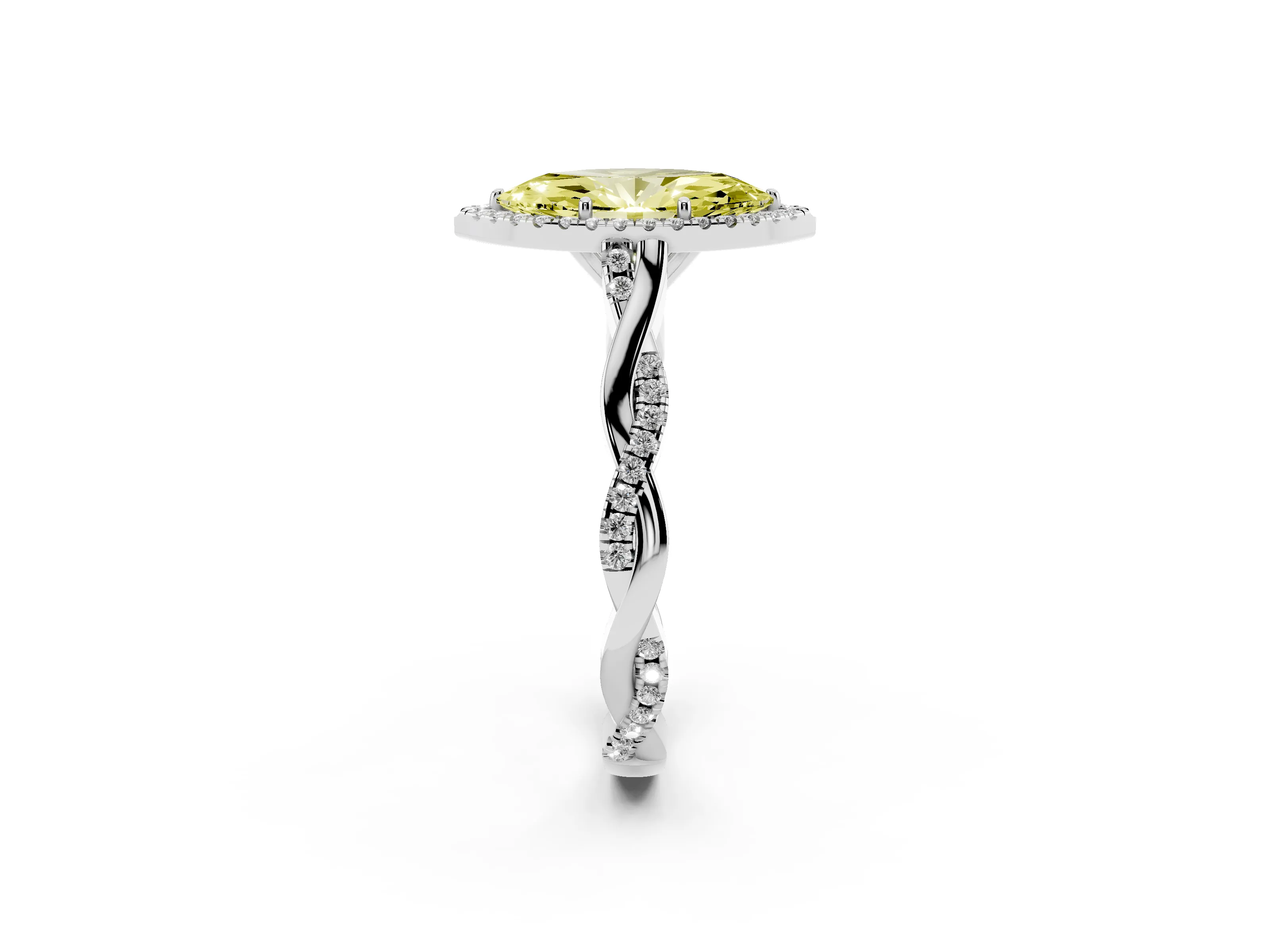 Fancy Yellow Marquise Cut Diamond Halo Twist Band Solitaire Ring Set in Silver with Prong Setting
