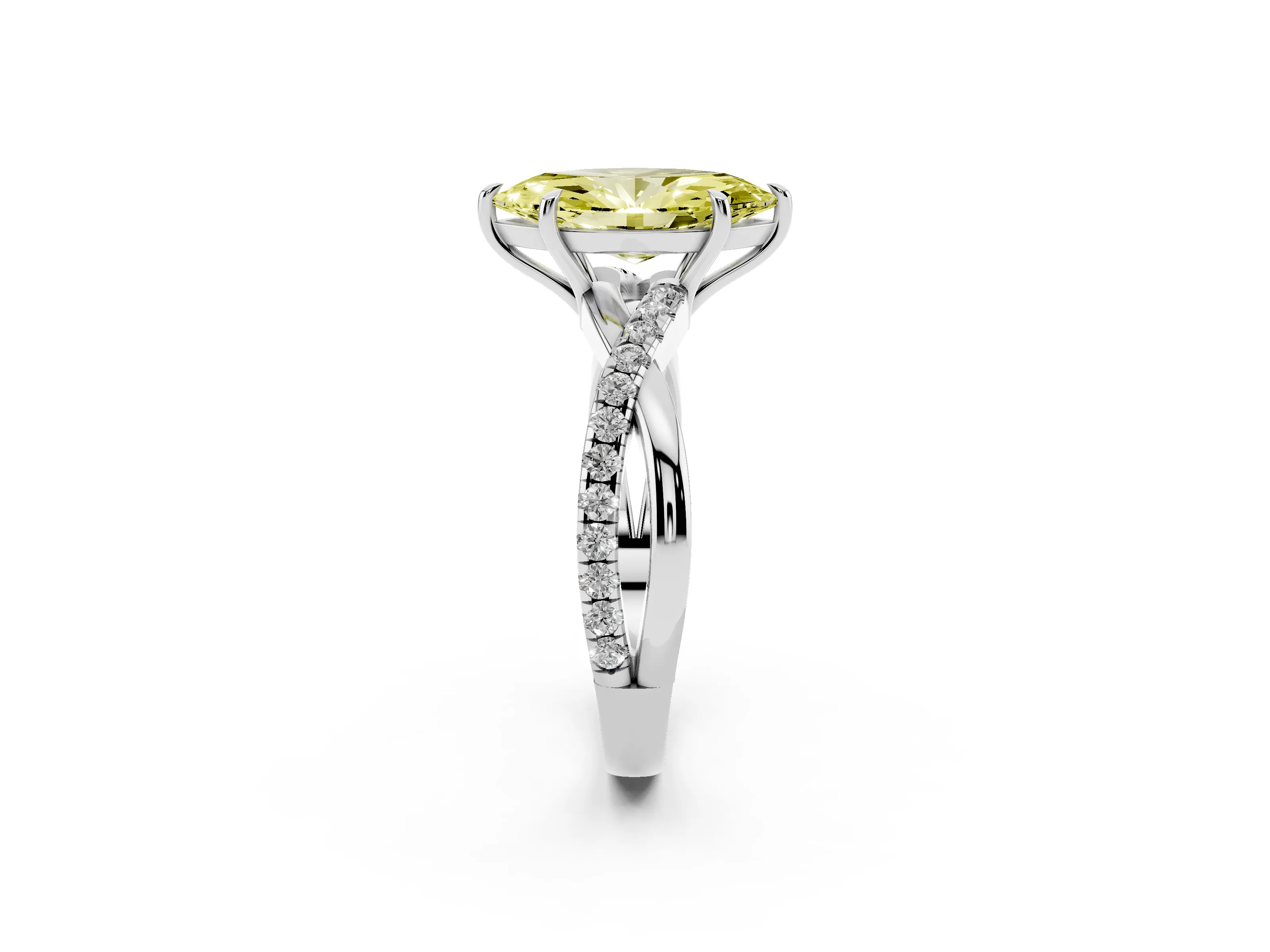 Fancy Yellow Marquise Cut Diamond Twisted Pavé Band Ring Set in Silver with Prong Setting