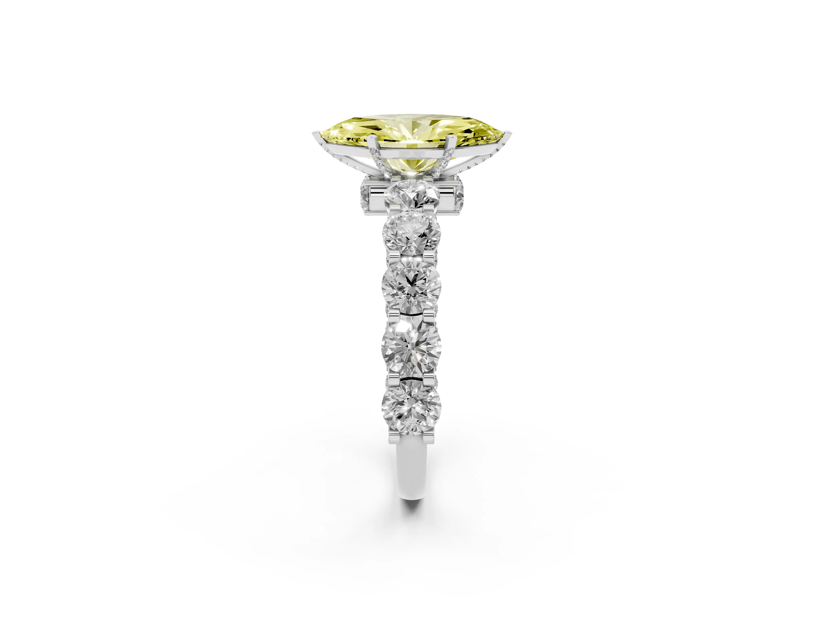 Fancy Yellow Marquise Cut Diamond Side Stone Ring Set in Silver with Alternating Round and Oval Side Stones