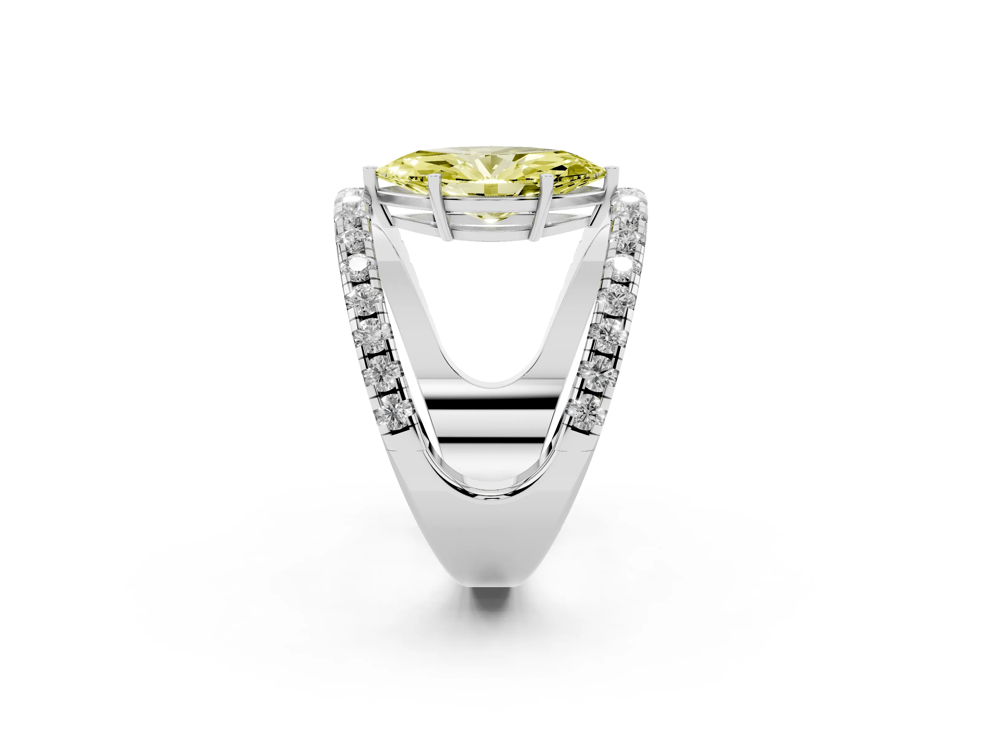 Fancy Yellow Marquise Cut Diamond Split Shank Pavé Solitaire Ring Set in Silver with Open Shank Design