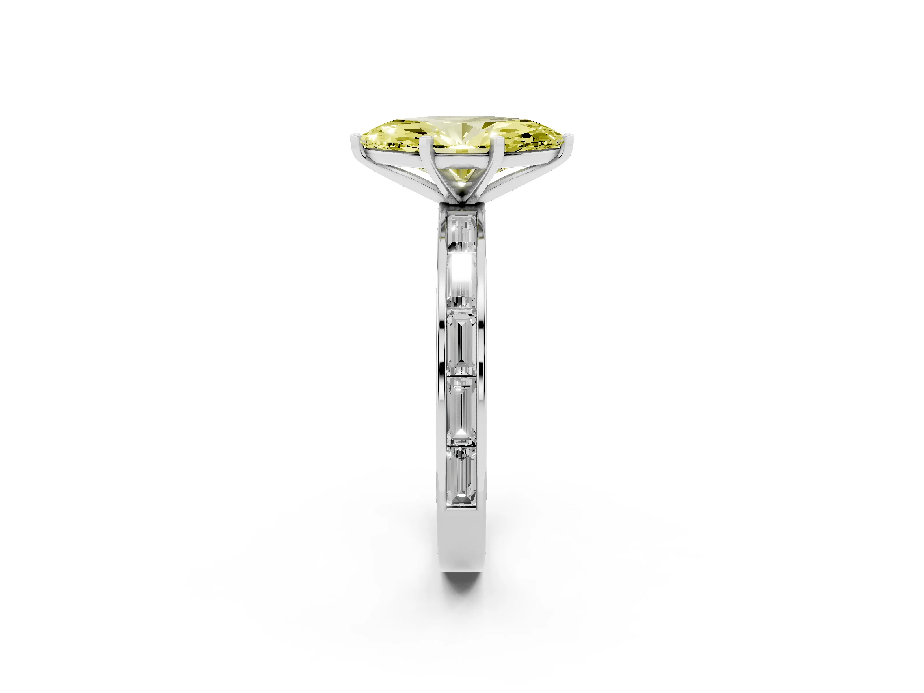 Fancy Yellow Marquise Cut Diamond Solitaire Ring Set in White gold with Channel-Set Baguette Band and Prong Setting