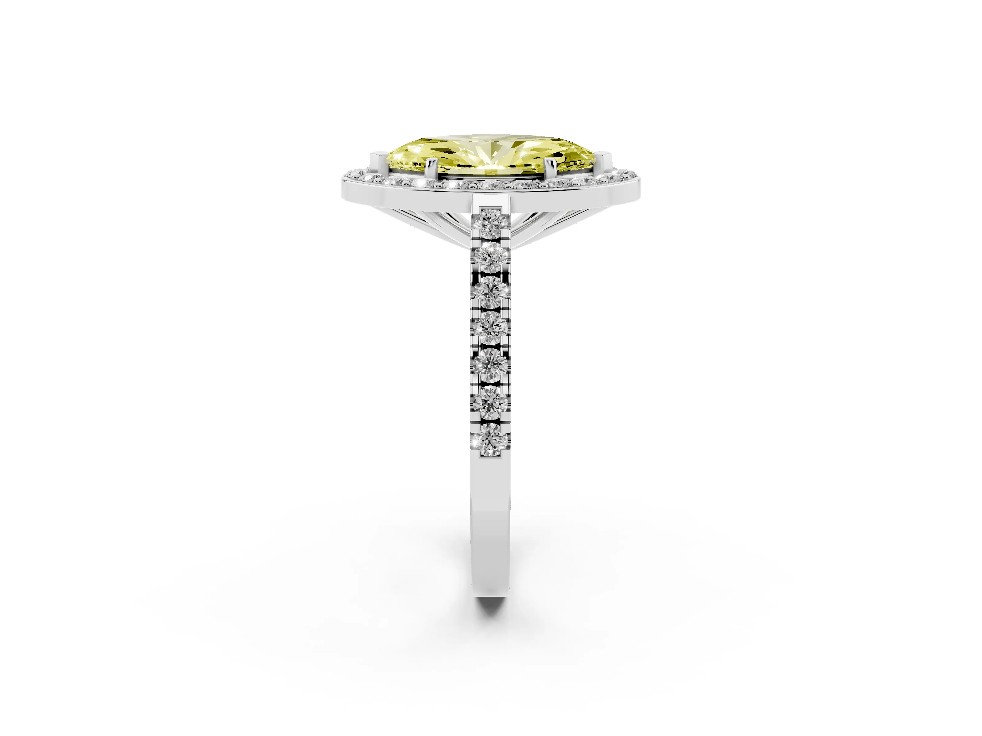 Fancy Yellow Marquise Cut Diamond Halo Ring Set in Silver with Round Pavé Split Shank and Prong Setting