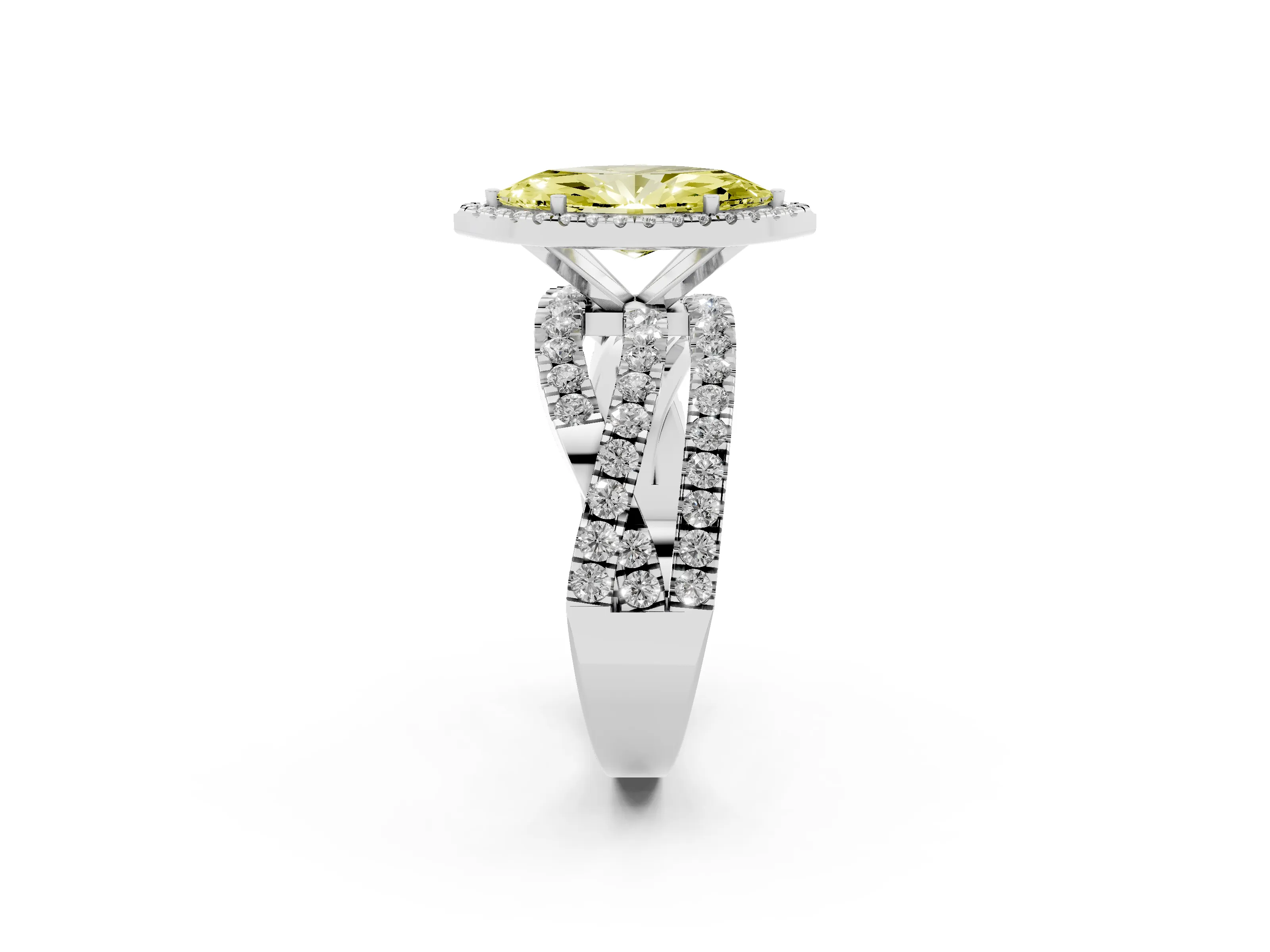 Fancy Yellow Marquise Cut Diamond Halo Ring Set in Platinum with Round Crossover Split Shank and Prong Setting