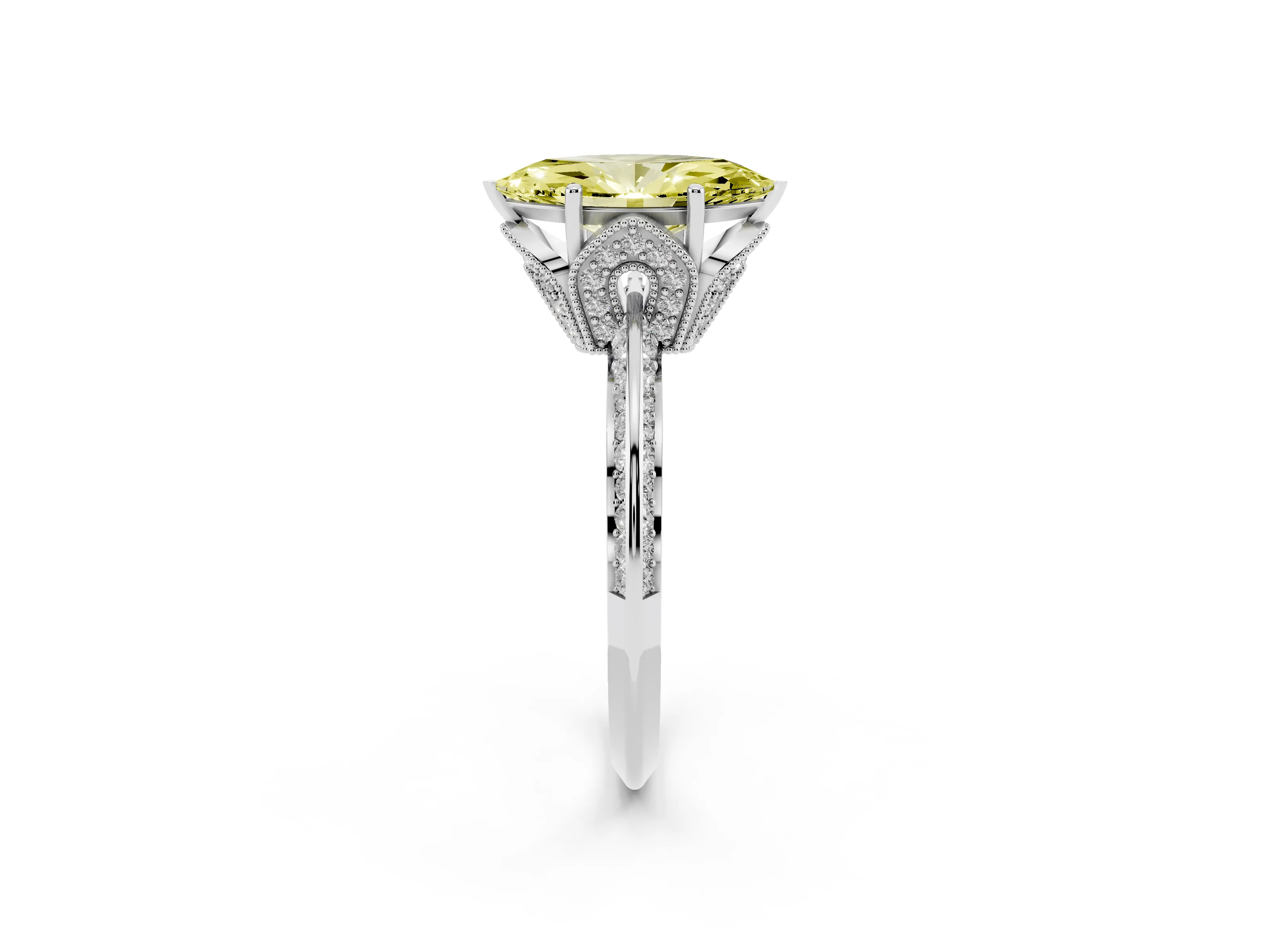 Fancy Yellow Marquise Cut Diamond Solitaire Engagement Ring Set in Silver with Pavé Split Shank and Prong Setting